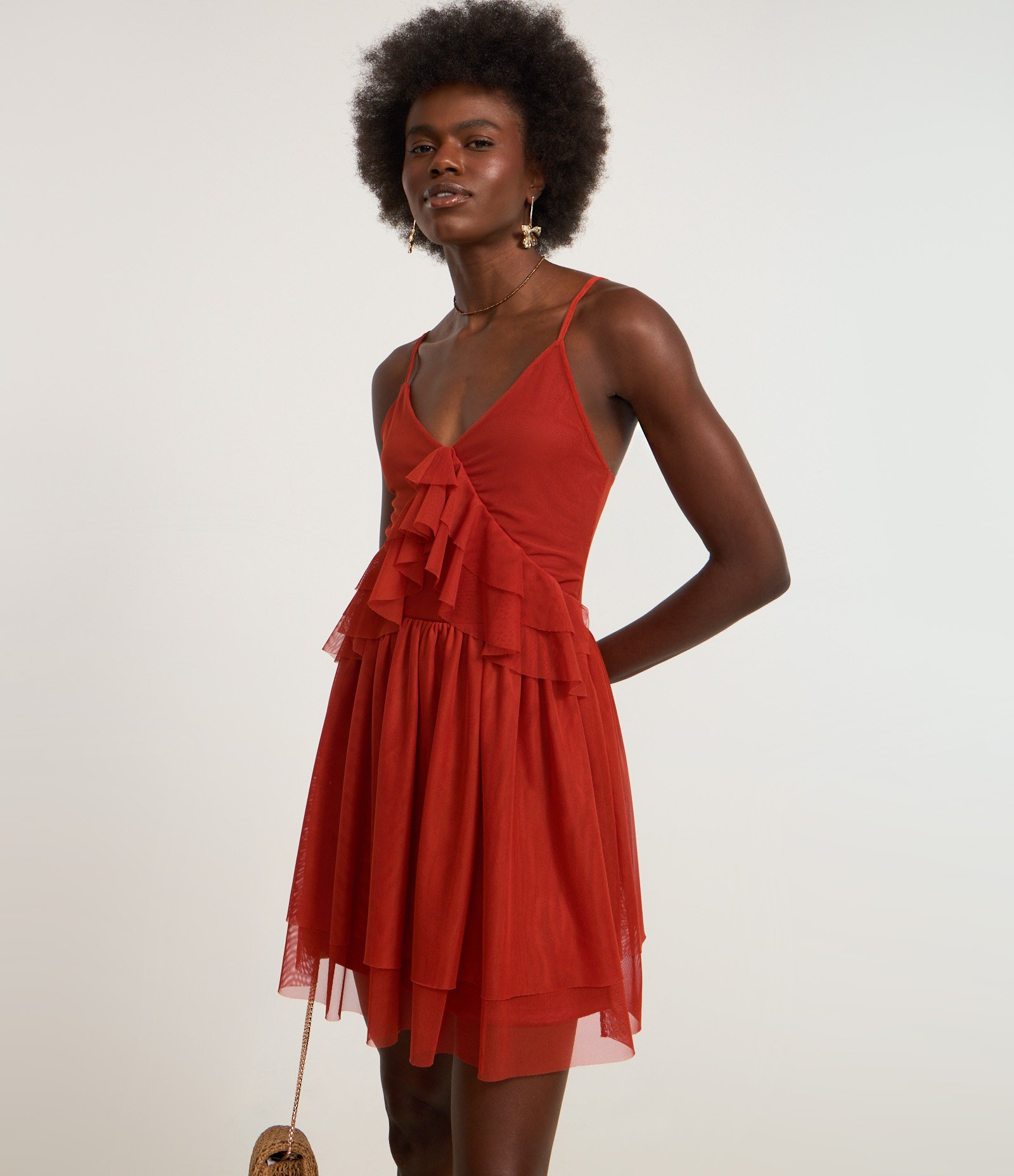 Vestido Curto em Tule com Babado e Saia Sobreposta Vermelho Terracota 3