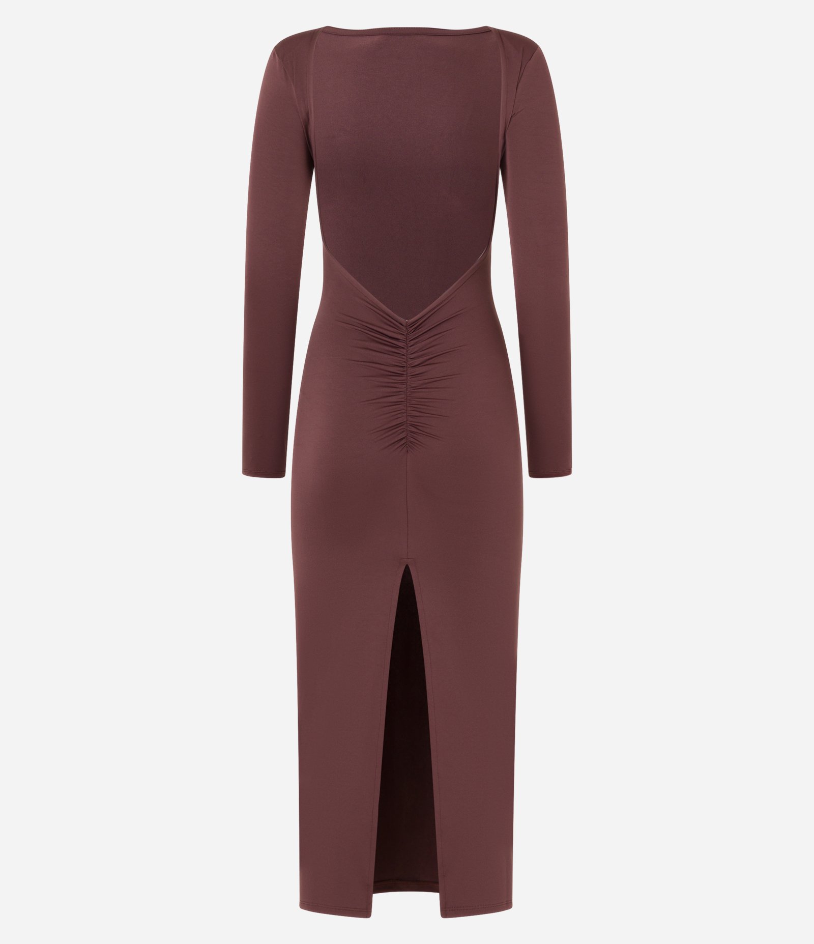 Vestido New Midi com Decote nas Costas e Fenda Marrom 7