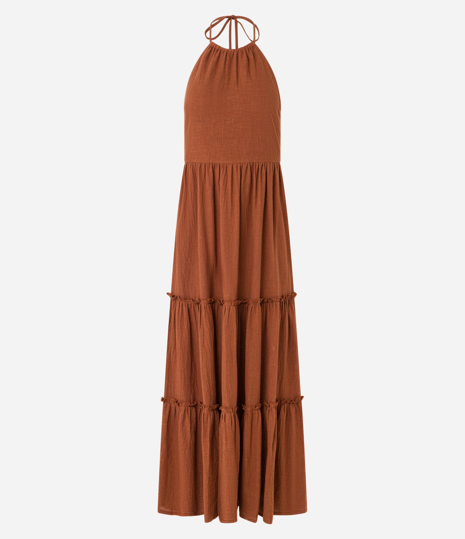 Vestido Long Midi Frente Único em Crepe com Babados na Saia Marrom 6