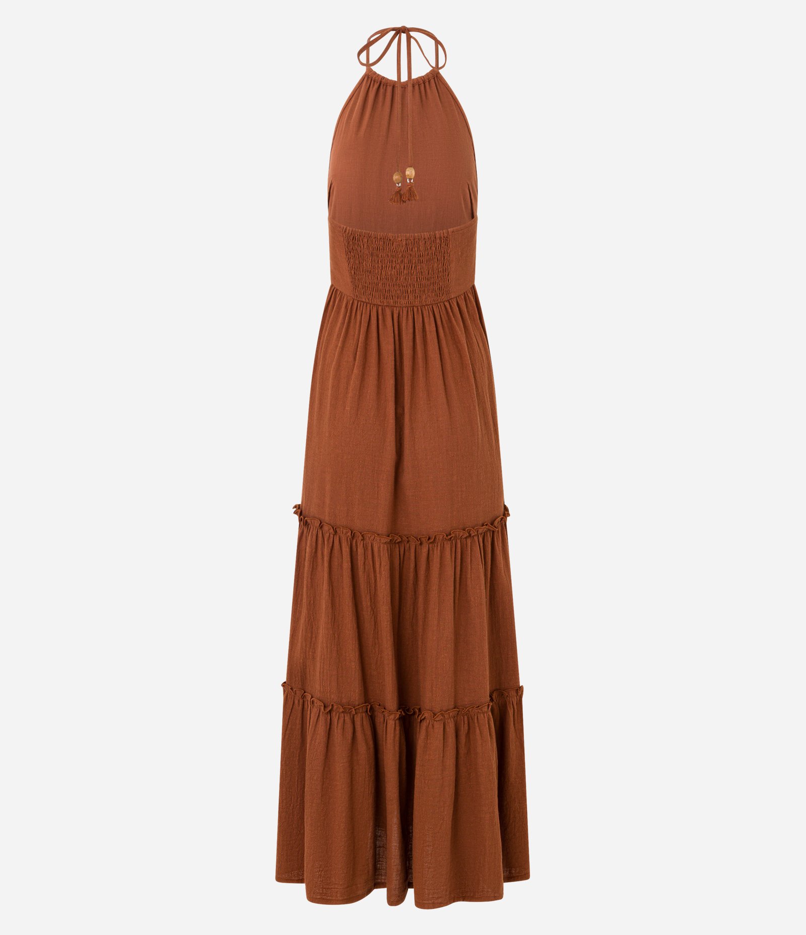 Vestido Long Midi Frente Único em Crepe com Babados na Saia Marrom 7