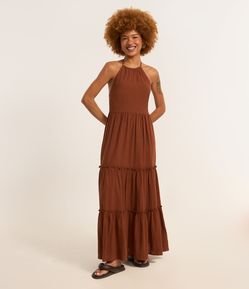 Vestido Long Midi Frente Único em Crepe com Babados na Saia