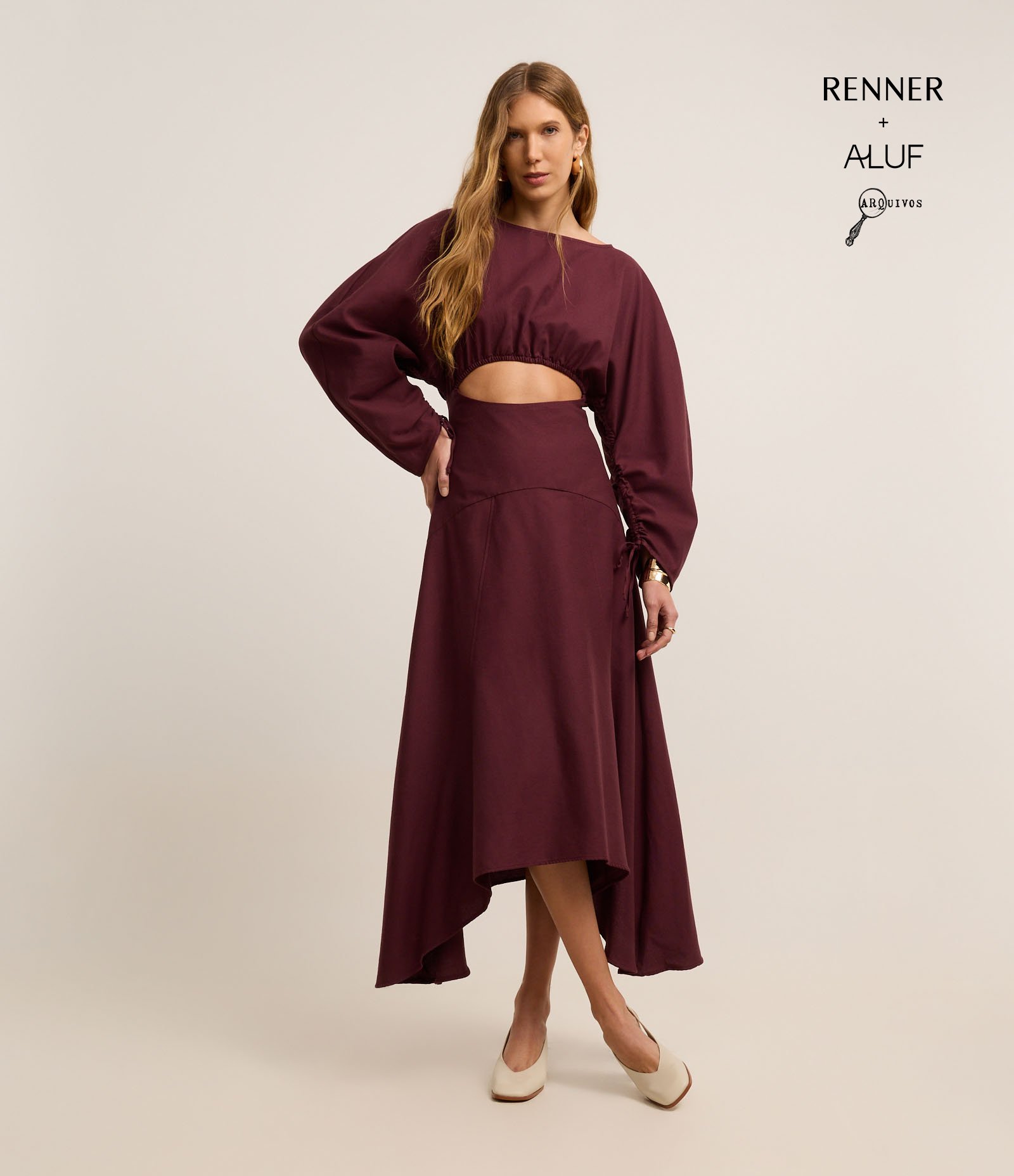 Vestido Longo em Algodão e Linho com Vazado e Franzidos Vinho 1