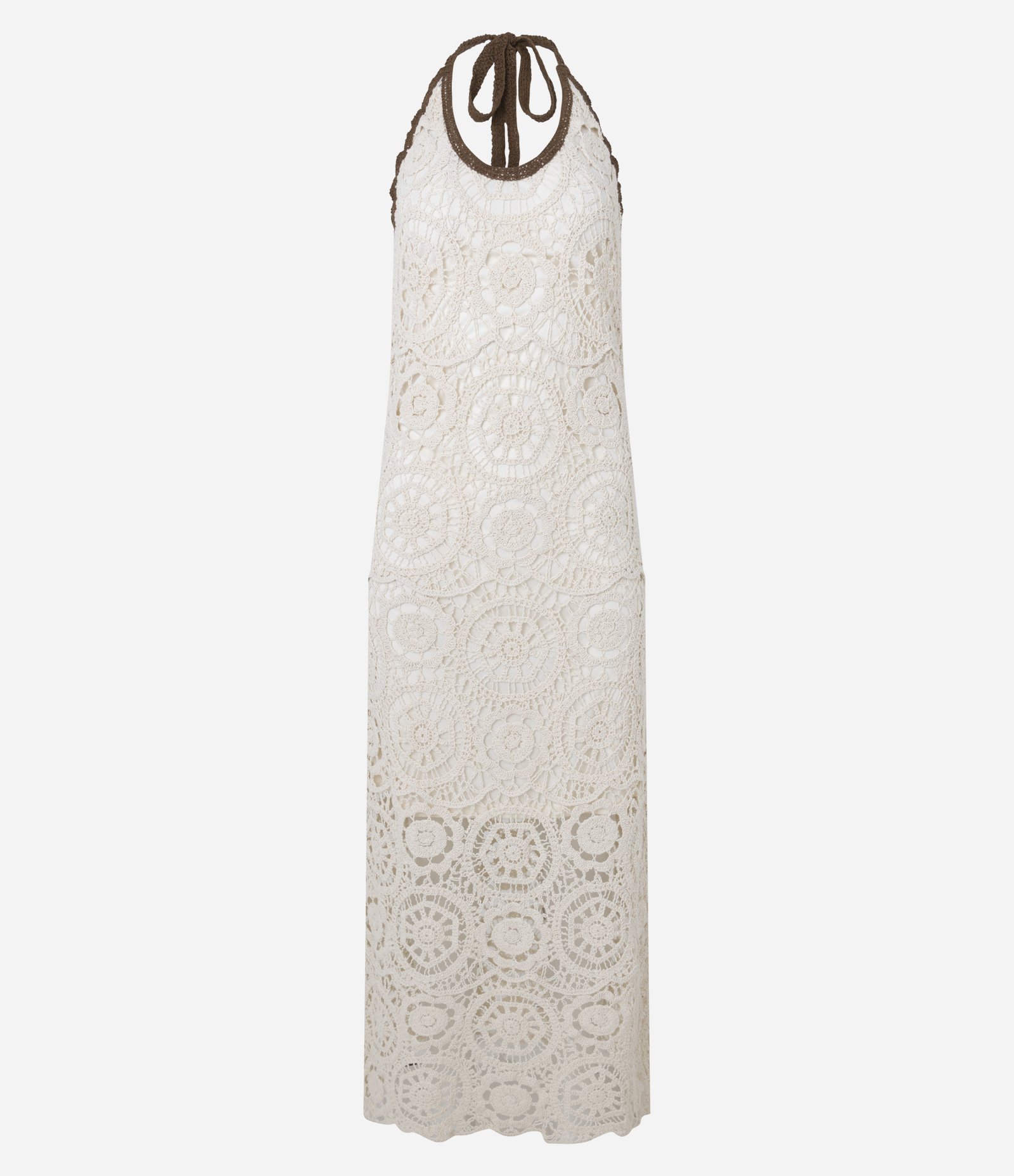 Vestido Long Midi Frente Única em Tricô com Efeito Crochê Bege 7