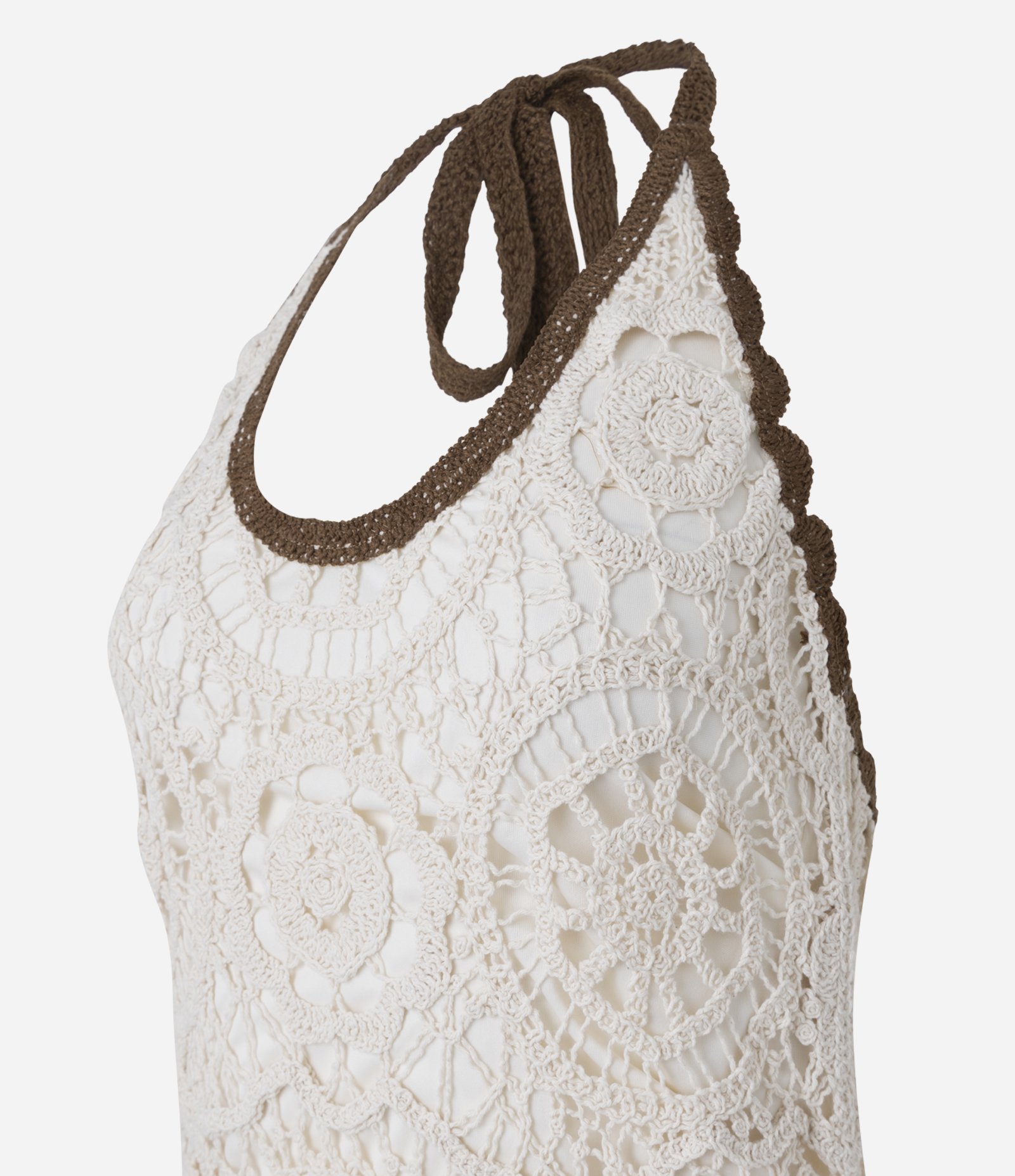 Vestido Long Midi Frente Única em Tricô com Efeito Crochê Bege 8