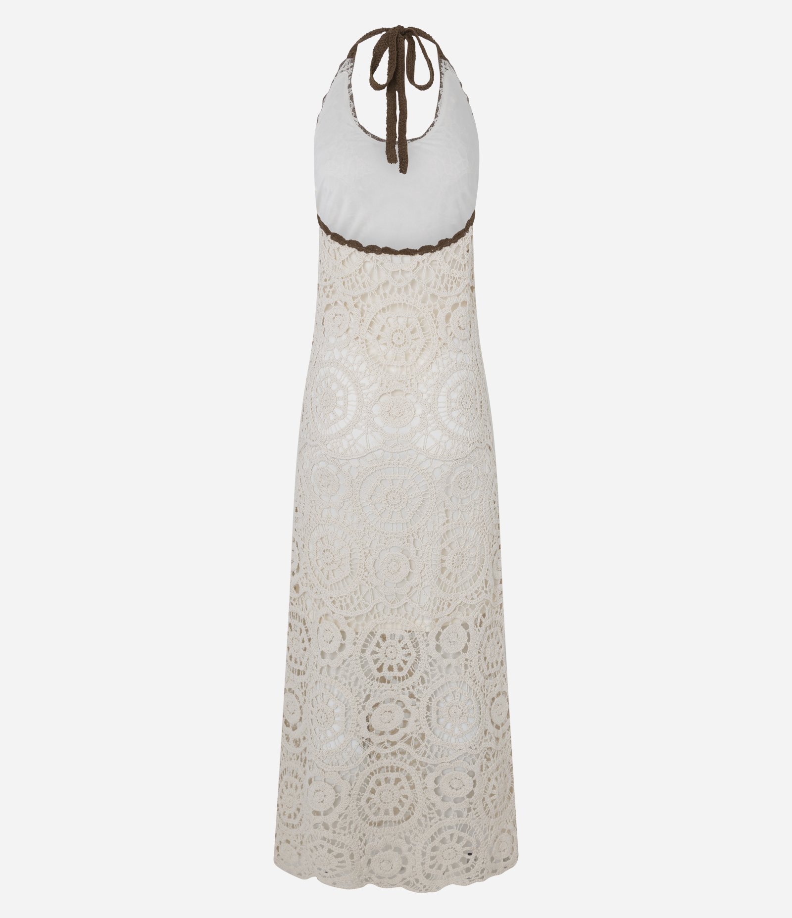 Vestido Long Midi Frente Única em Tricô com Efeito Crochê Bege 9