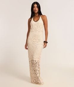 Vestido Long Midi Frente Única em Tricô com Efeito Crochê