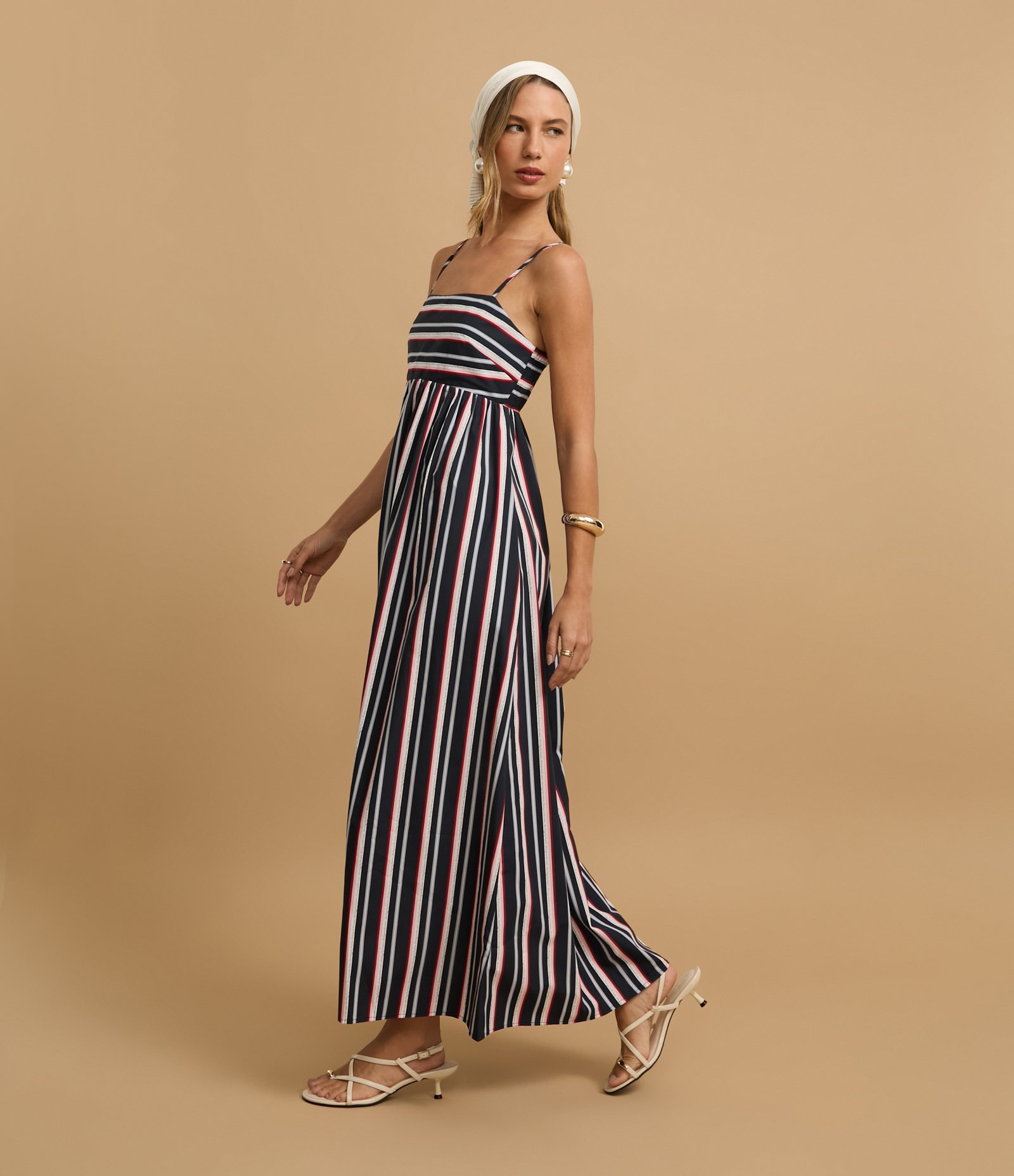 Vestido Evasê Midi Alfaiatado com Listras Coloridas Azul Marinho 7