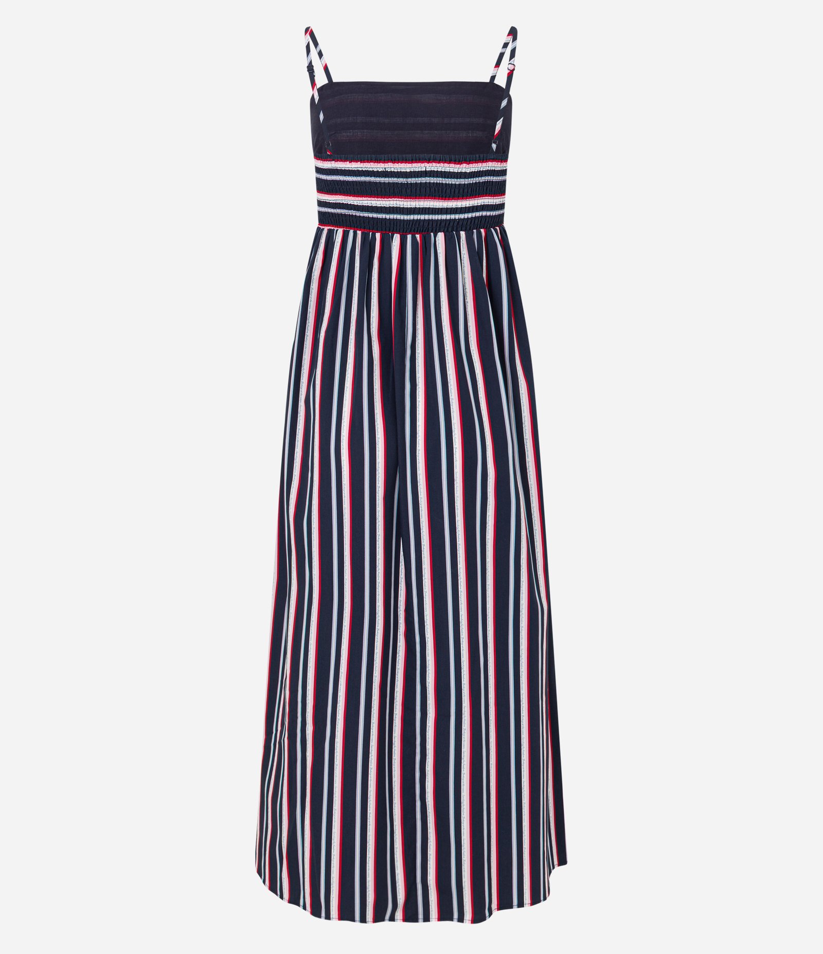 Vestido Evasê Midi Alfaiatado com Listras Coloridas Azul Marinho 9