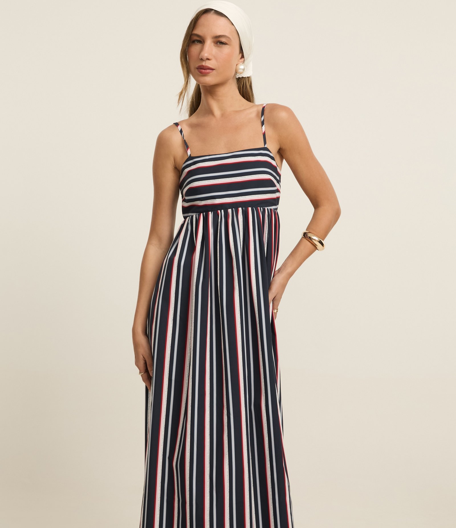 Vestido Evasê Midi Alfaiatado com Listras Coloridas Azul Marinho 1