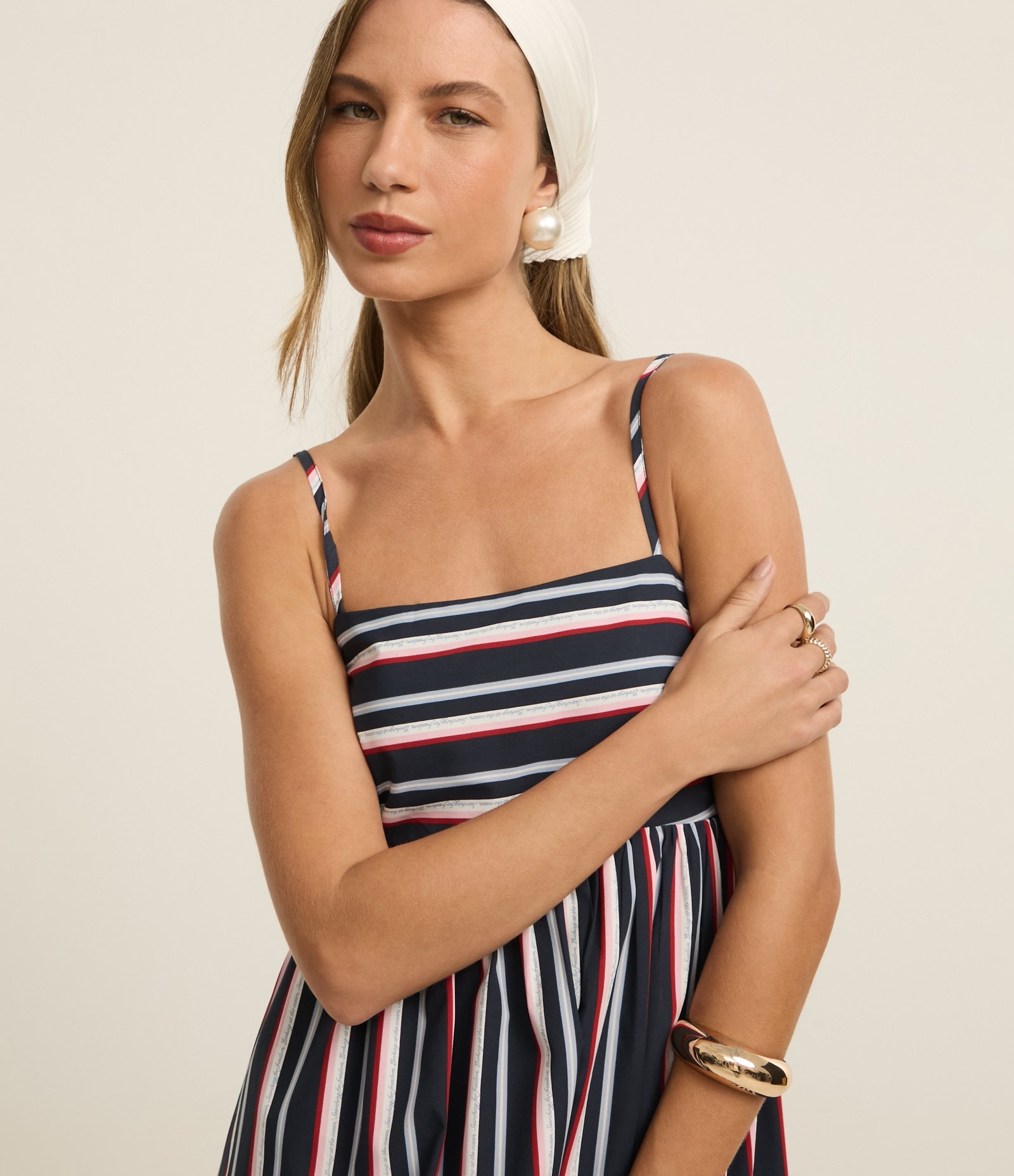 Vestido Evasê Midi Alfaiatado com Listras Coloridas Azul Marinho 3