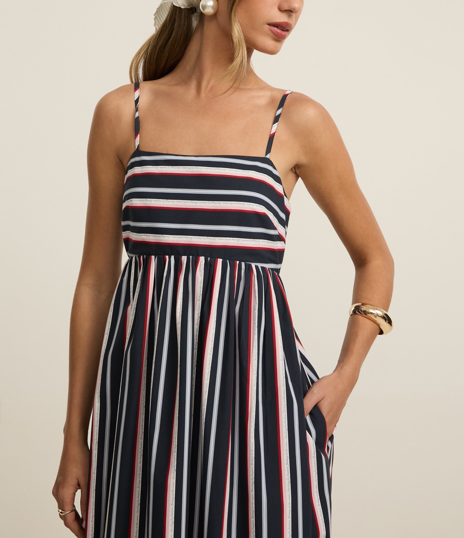 Vestido Evasê Midi Alfaiatado com Listras Coloridas Azul Marinho 4