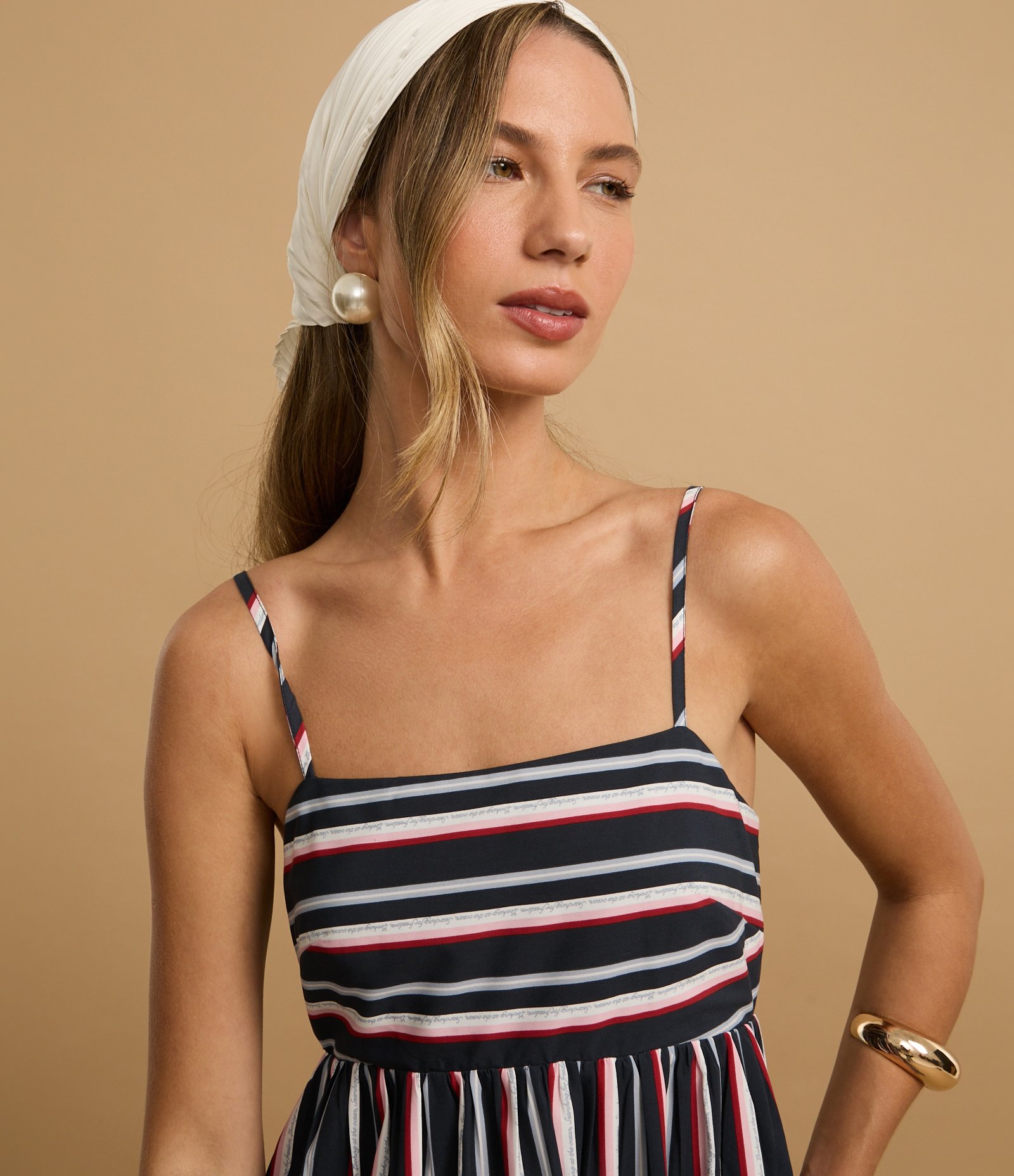 Vestido Evasê Midi Alfaiatado com Listras Coloridas Azul Marinho 5