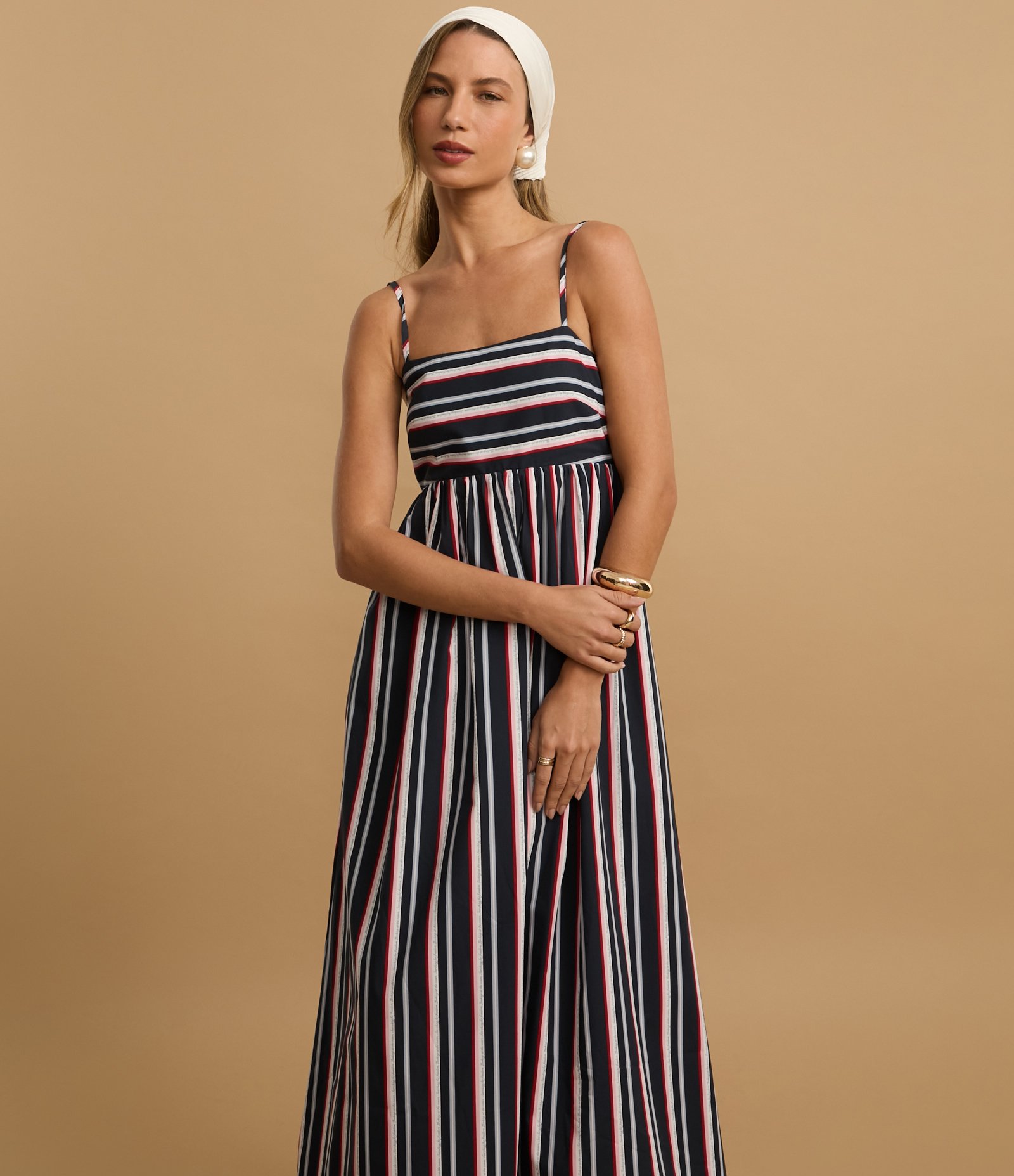 Vestido Evasê Midi Alfaiatado com Listras Coloridas Azul Marinho 6