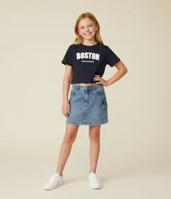 Camiseta Infantil com Lettering Boston - Tam 5 a 14 Anos