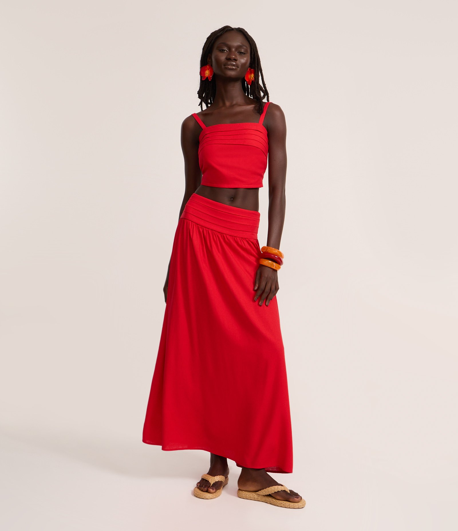 Saia Long Midi em Viscolinho com Pala Larga e Cós Pespontado Vermelho 1