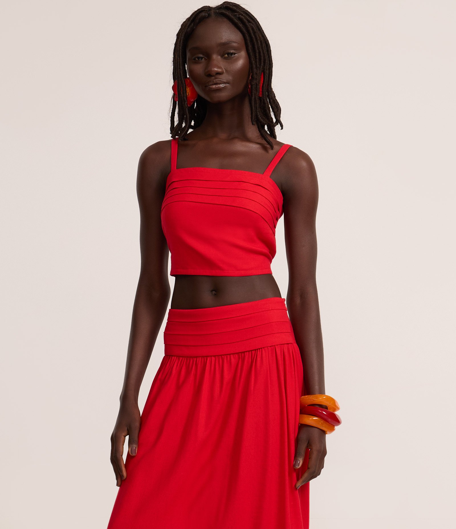 Saia Long Midi em Viscolinho com Pala Larga e Cós Pespontado Vermelho 2