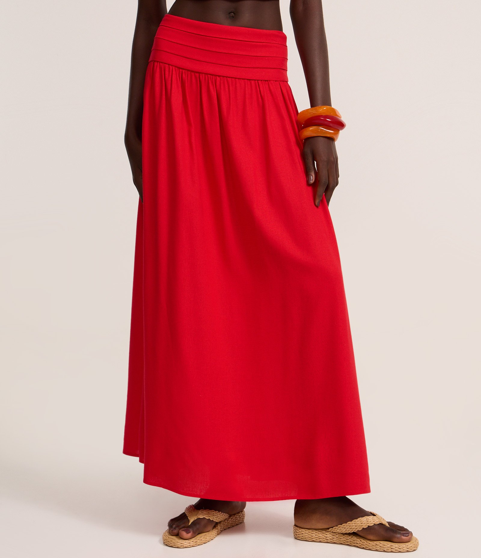 Saia Long Midi em Viscolinho com Pala Larga e Cós Pespontado Vermelho 3