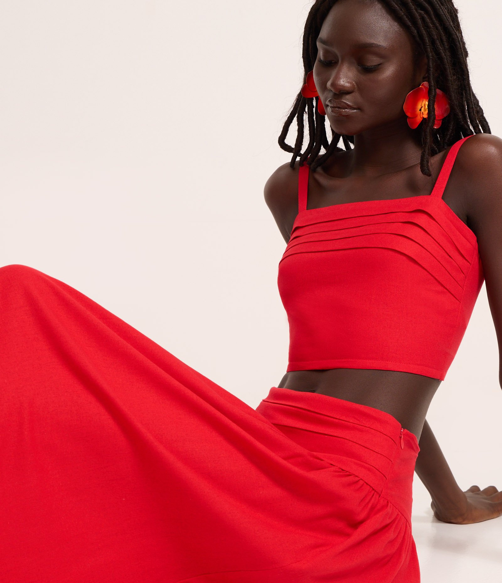 Saia Long Midi em Viscolinho com Pala Larga e Cós Pespontado Vermelho 5