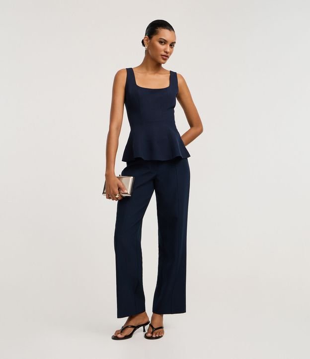 Calça Reta Alfaiatada Cintura Alta com Bolsos Falsos e Frisos