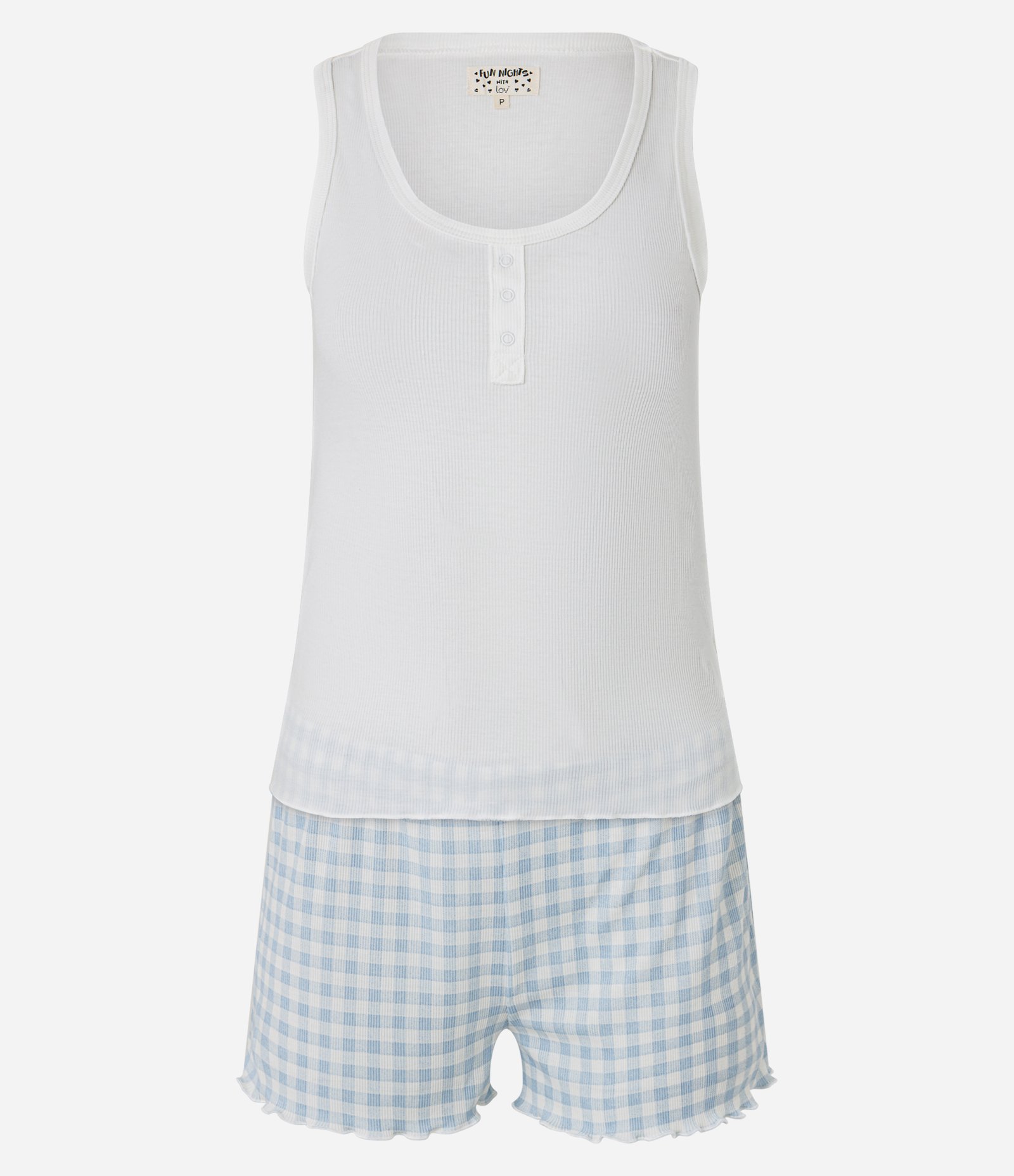 Pijama Short Doll em Ribana com Short Xadrez Vichy Branco 2
