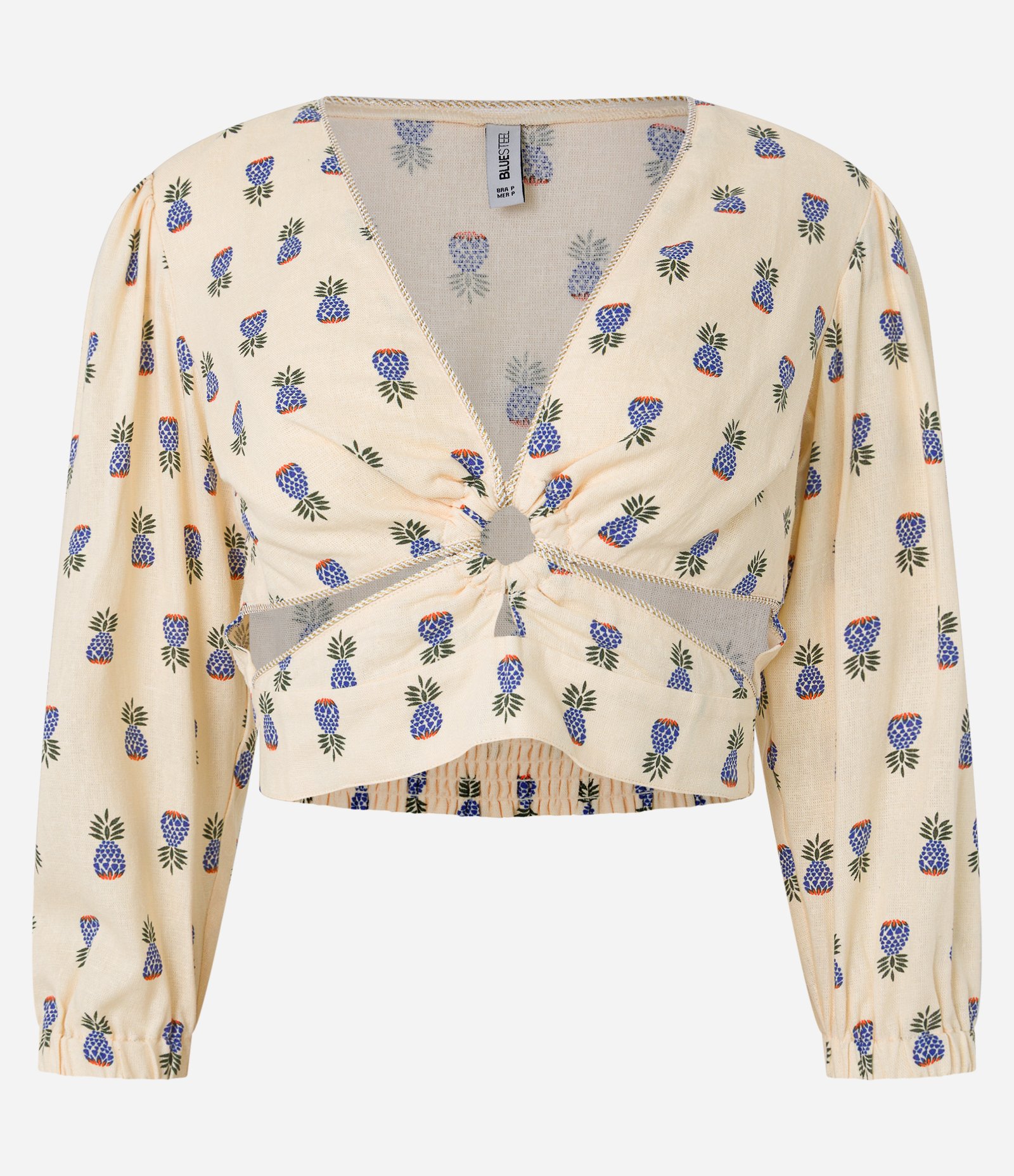 Blusa Cropped em Viscolinho com Estampa de Abacaxi e Argola no Decote Creme 6