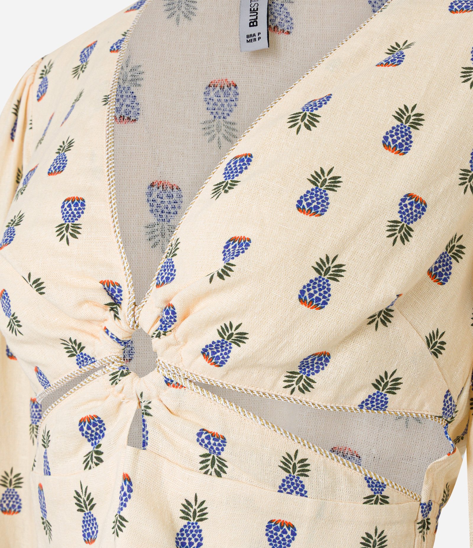 Blusa Cropped em Viscolinho com Estampa de Abacaxi e Argola no Decote Creme 7