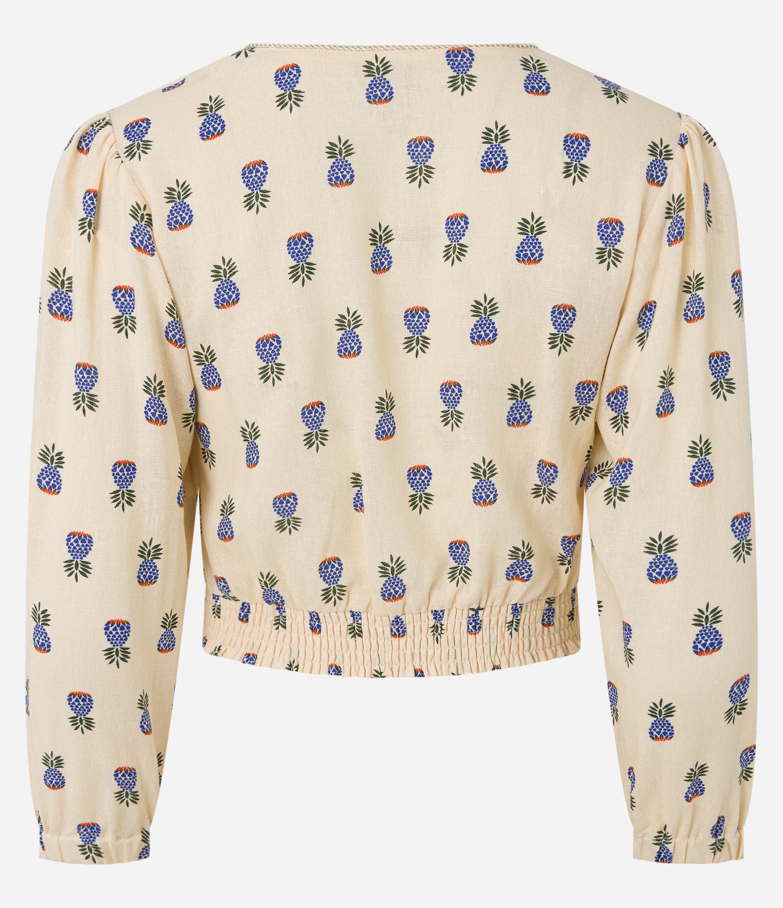 Blusa Cropped em Viscolinho com Estampa de Abacaxi e Argola no Decote Creme 8