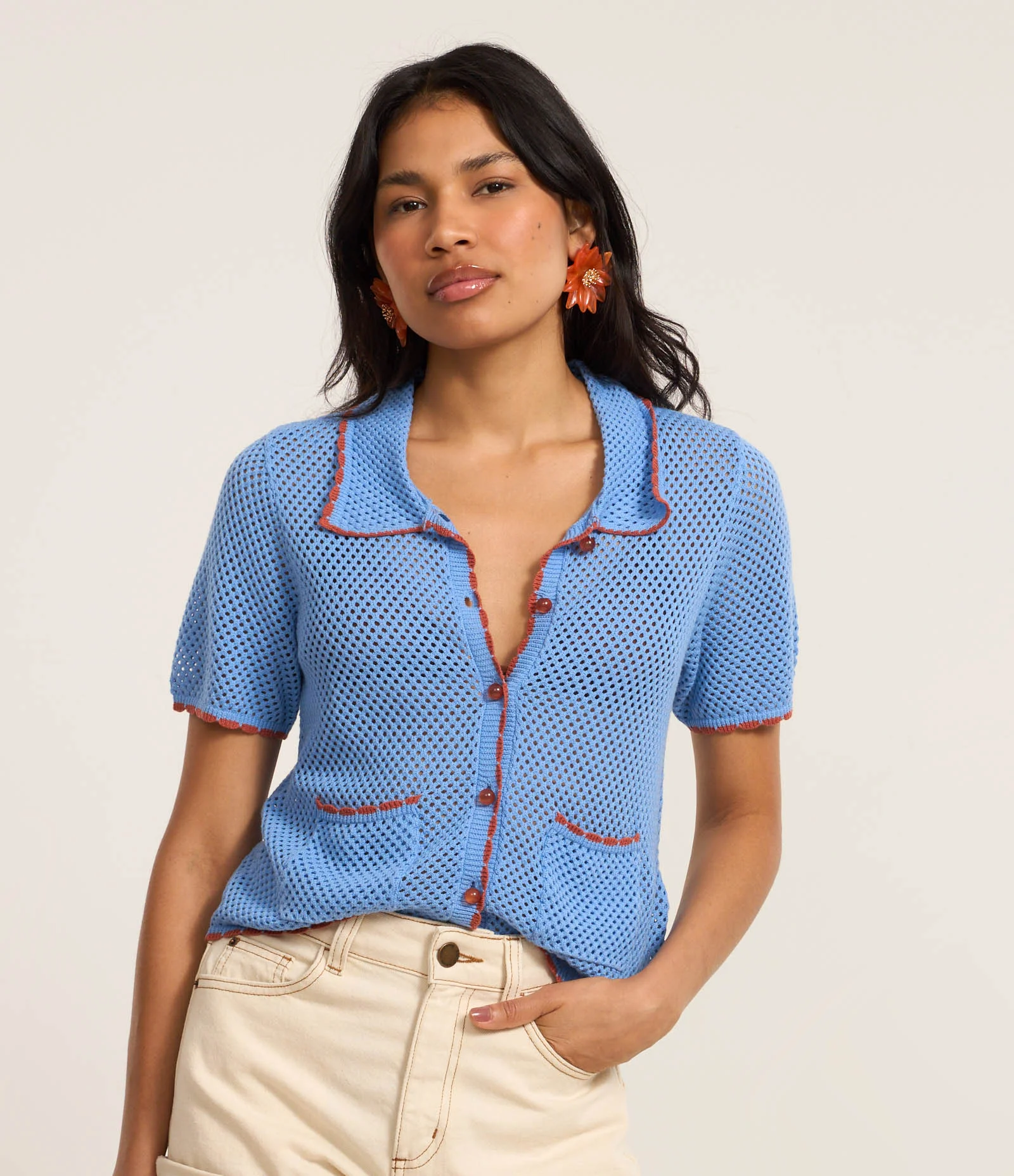 Camisa Polo em Crochê Crochê com Detalhes Contrastantes Azul 1