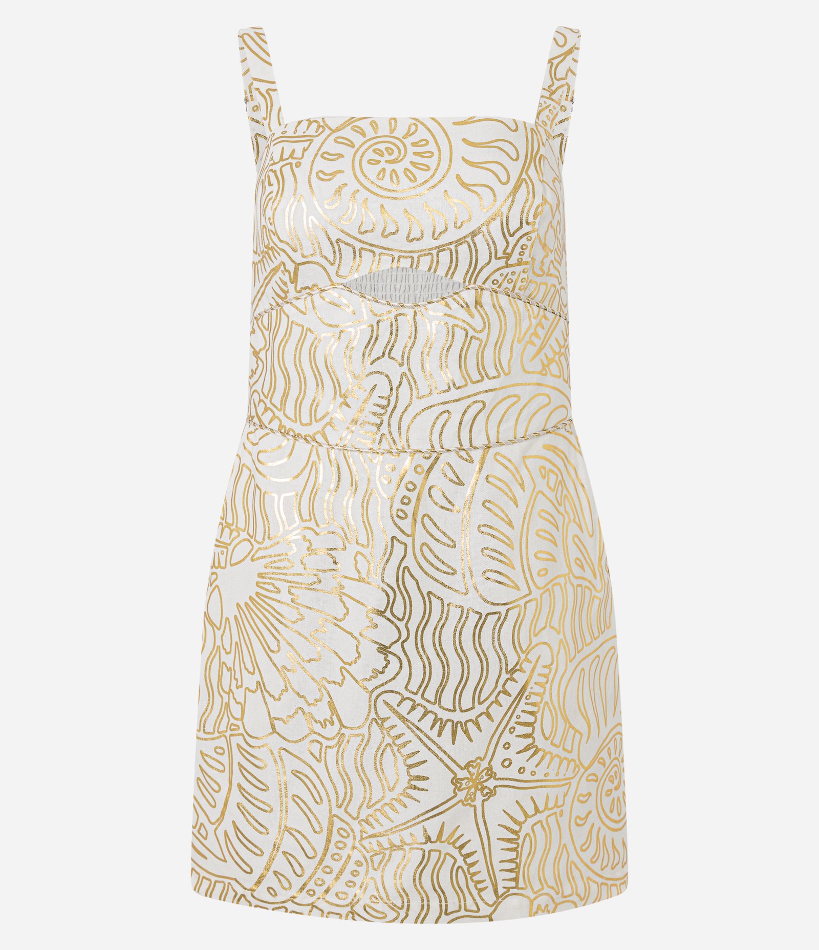 Vestido Curto de Alça em Viscolinho com Estampa Foil Dourado/Branco 7