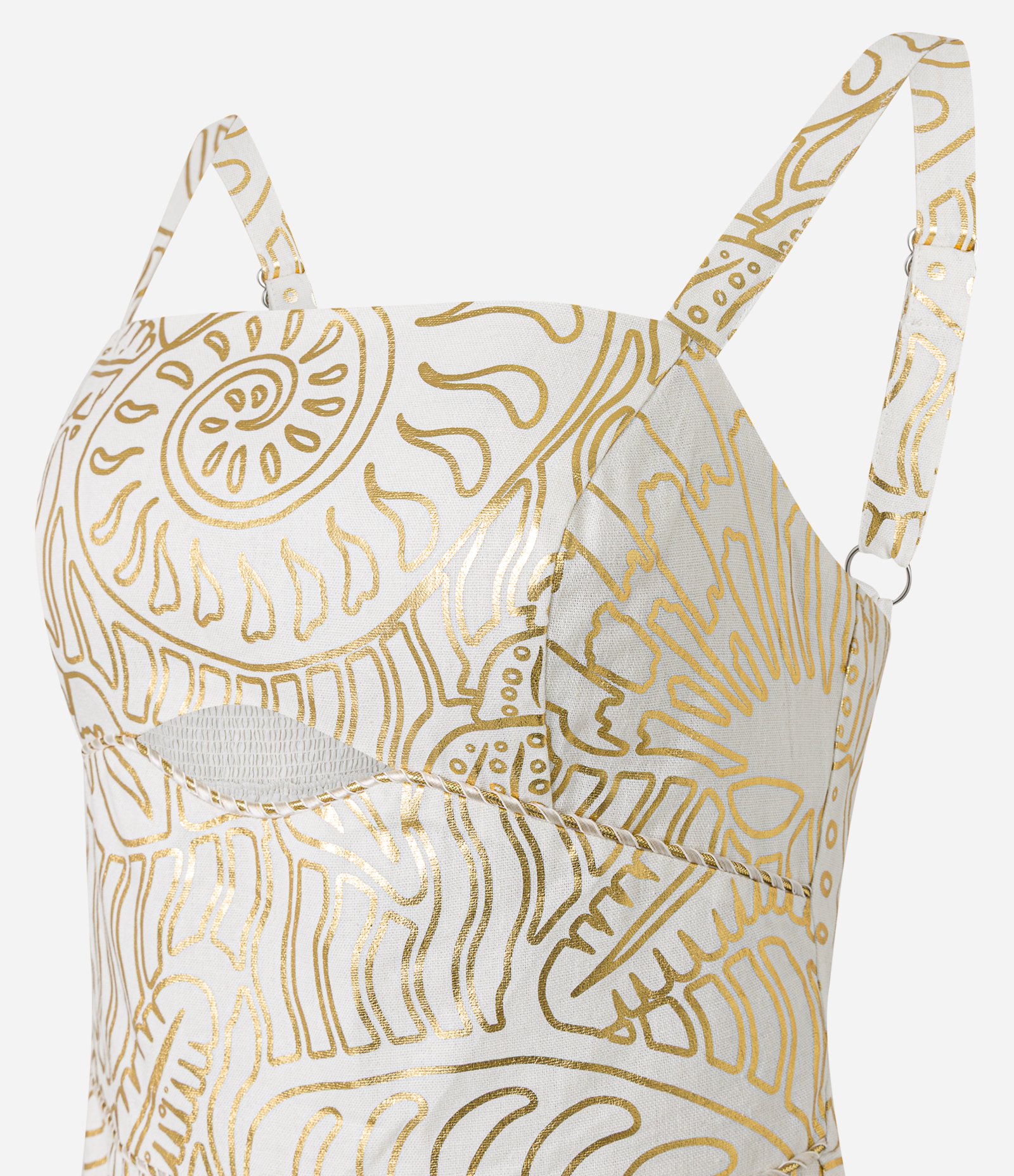 Vestido Curto de Alça em Viscolinho com Estampa Foil Dourado/Branco 8