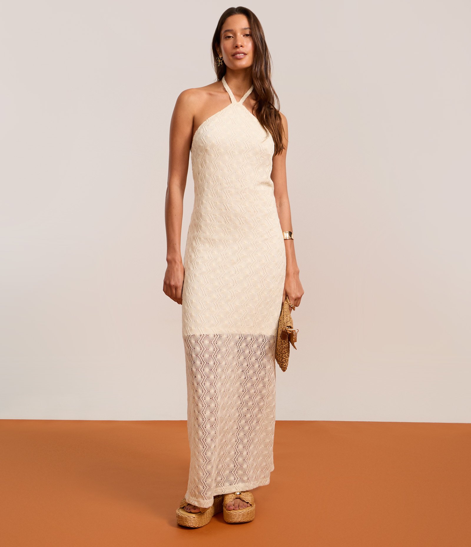 Vestido Reto Long Midi em Renda Frente Única Branco 5