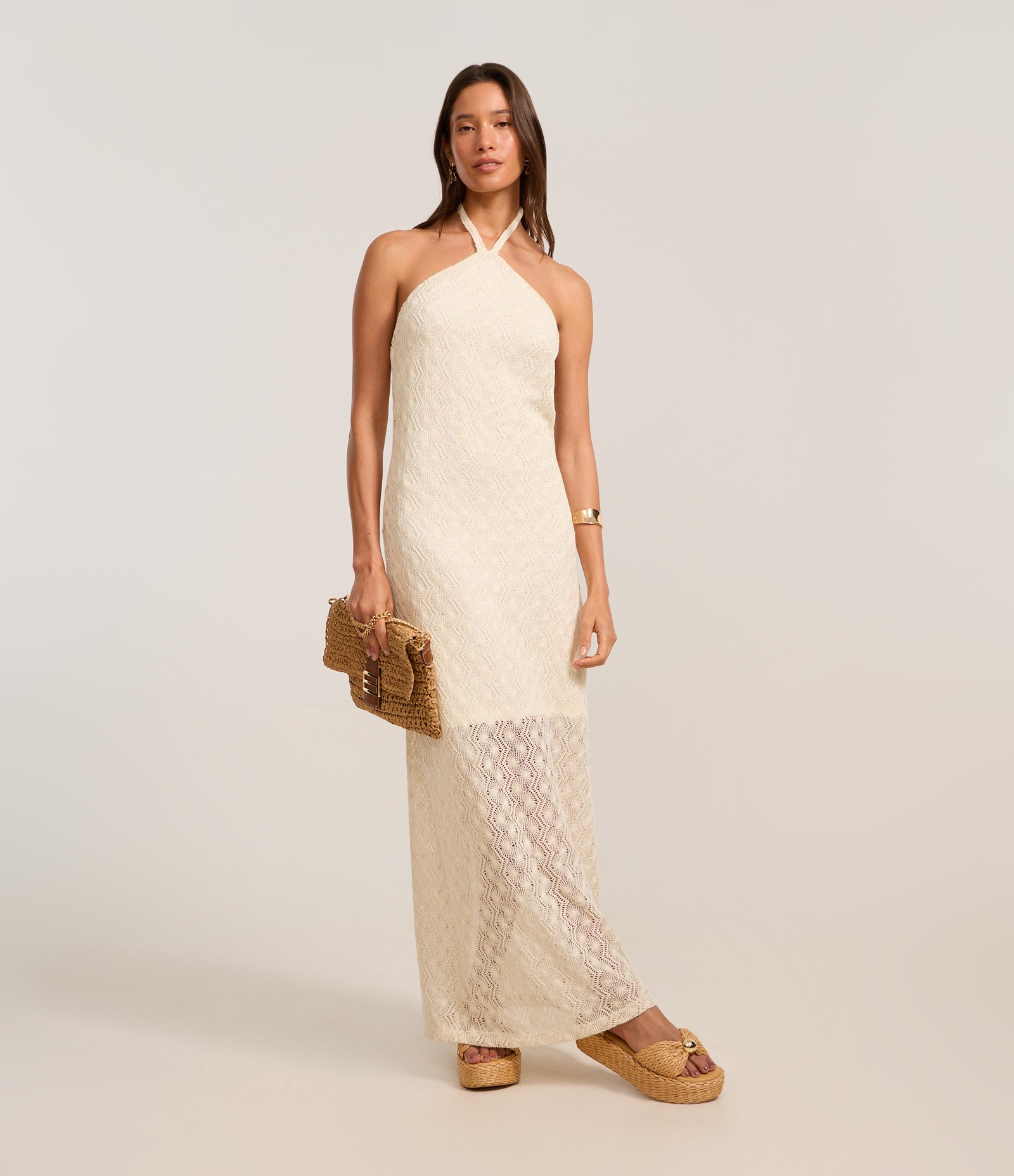 Vestido Reto Long Midi em Renda Frente Única Branco 1