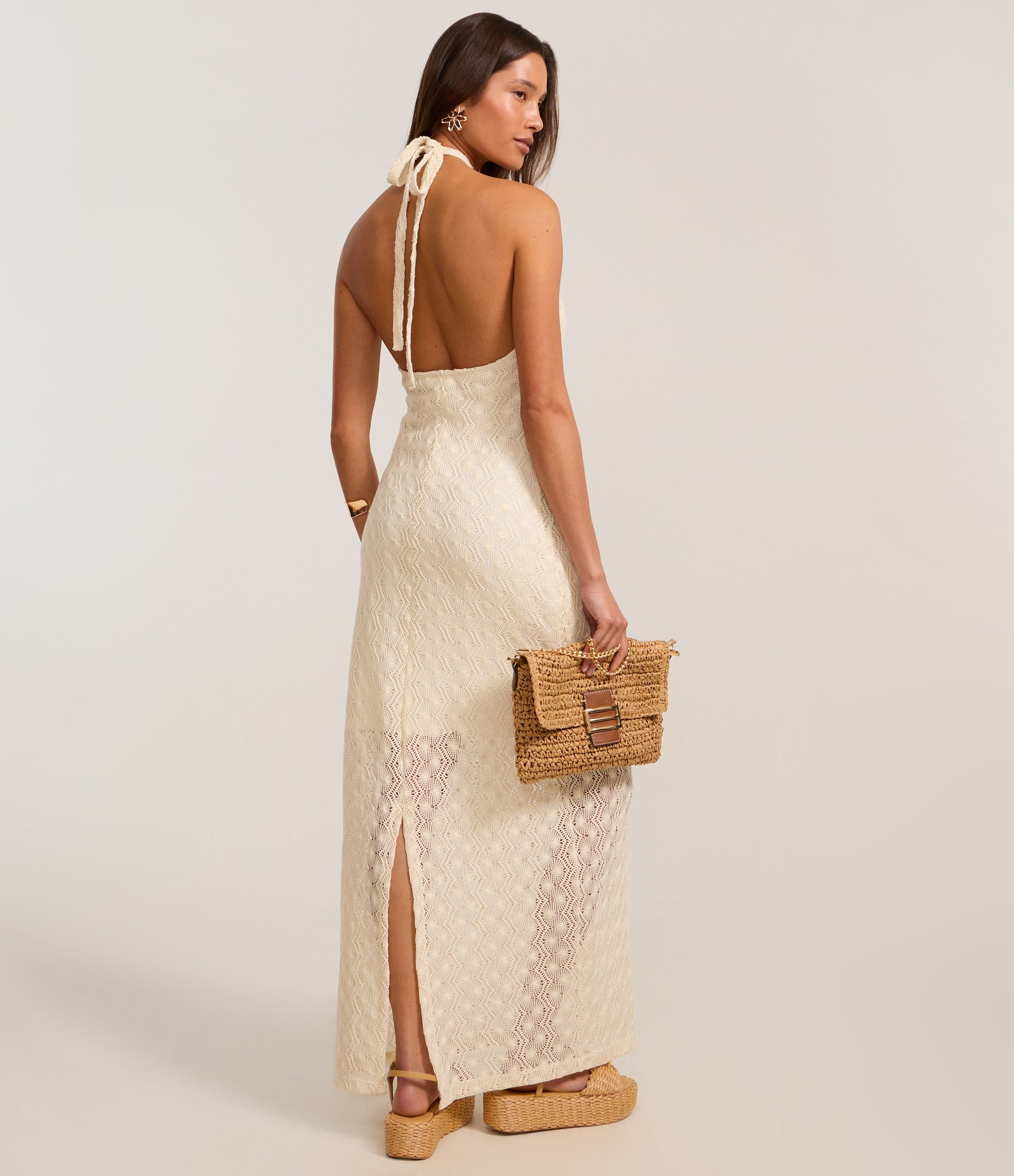 Vestido Reto Long Midi em Renda Frente Única Branco 4