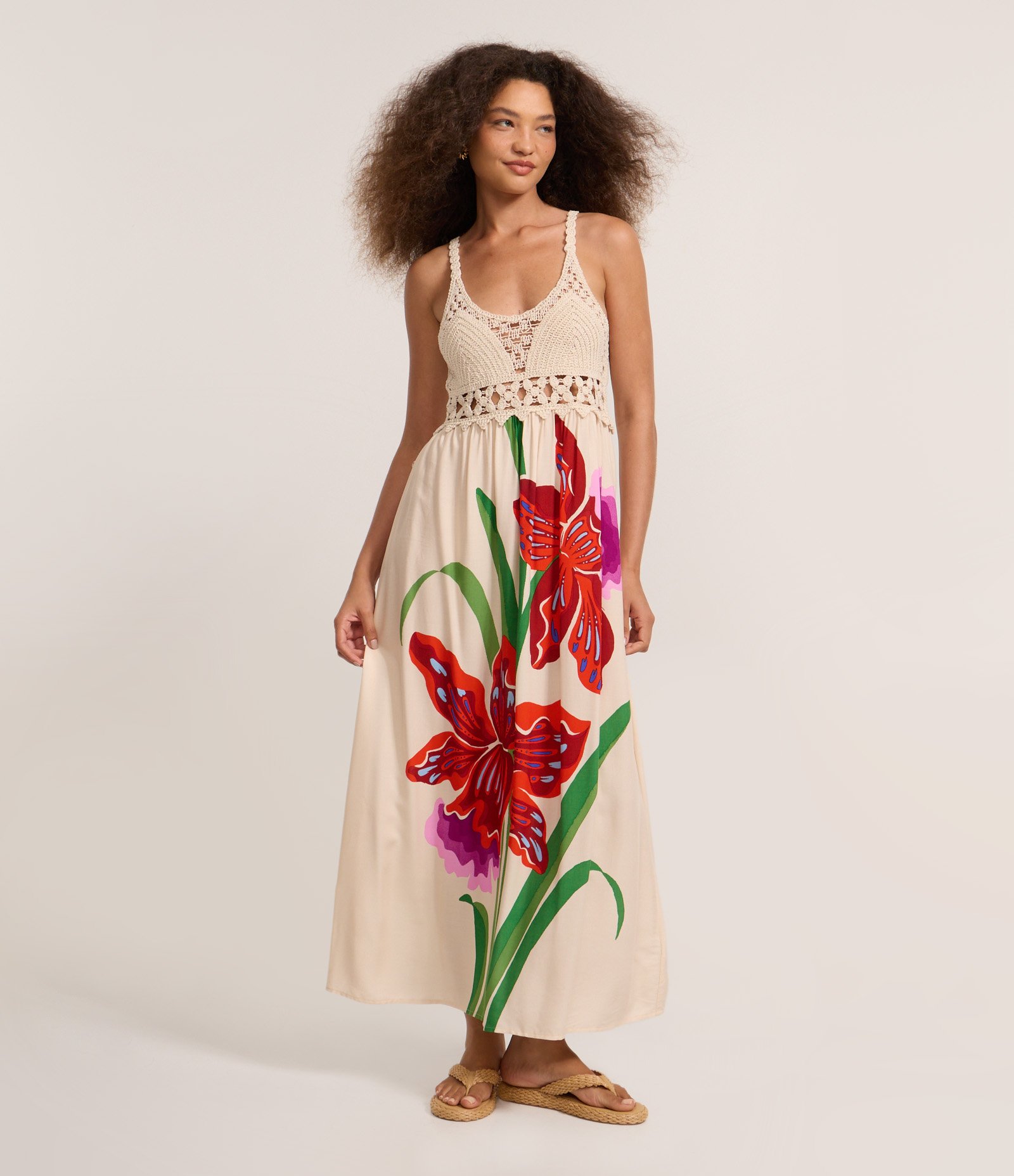 Vestido Long Midi em Viscose com Tricô e Estampa Floral Bege 1