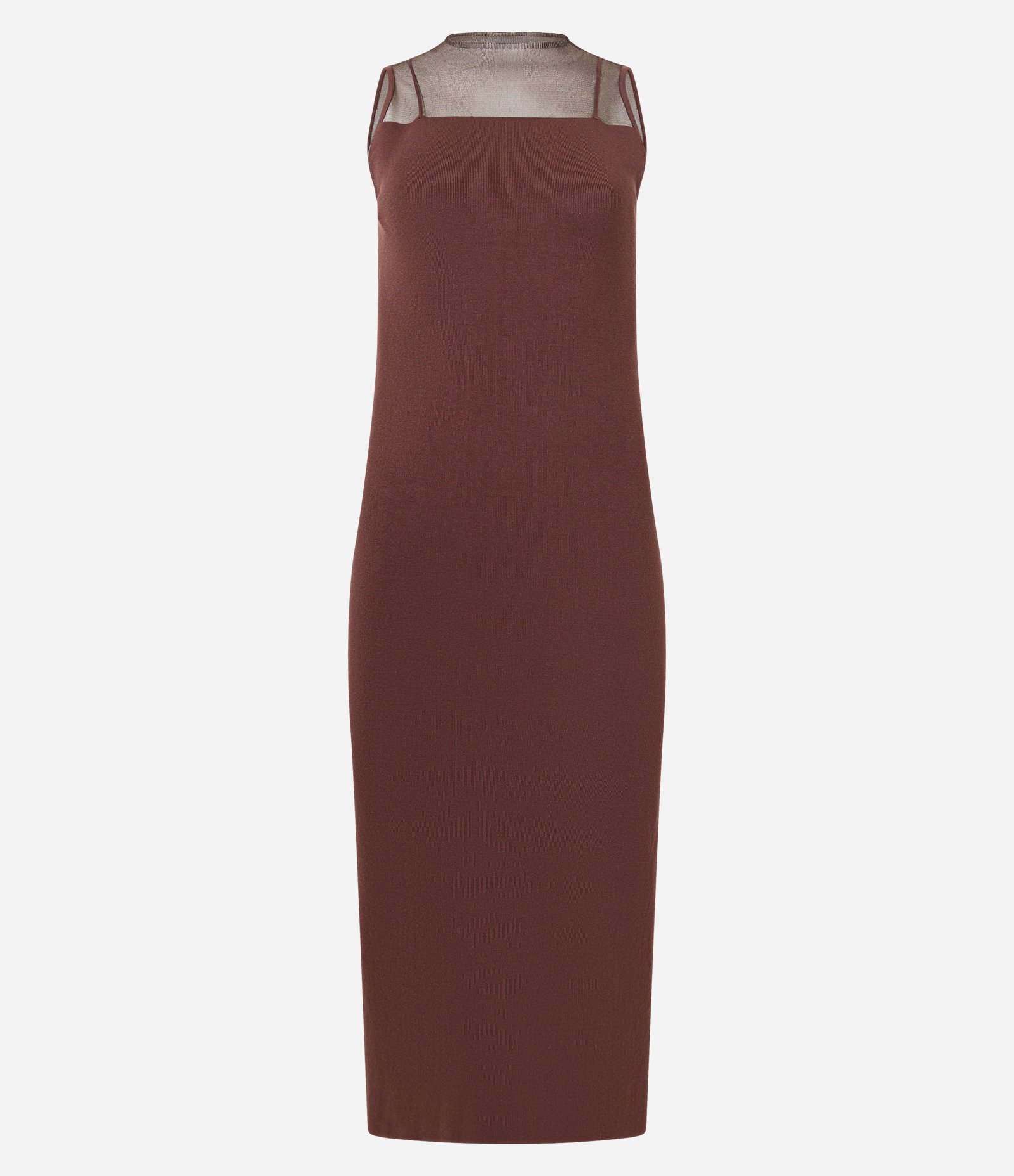 Vestido New Midi Canelado em Tricô com Colo Transparente Marrom 7