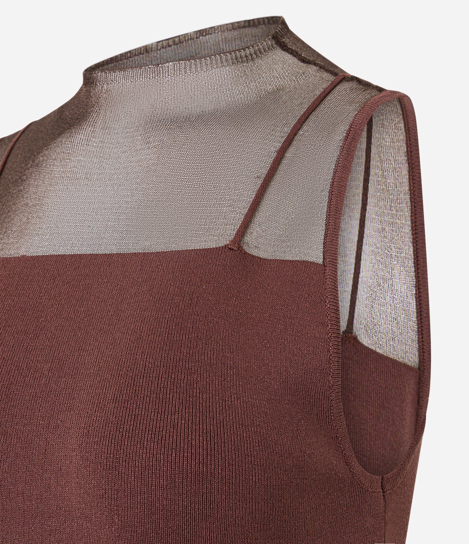 Vestido New Midi Canelado em Tricô com Colo Transparente Marrom 8