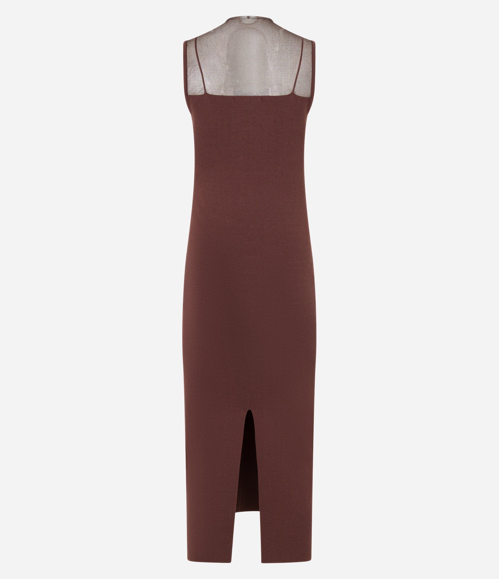Vestido New Midi Canelado em Tricô com Colo Transparente Marrom 9