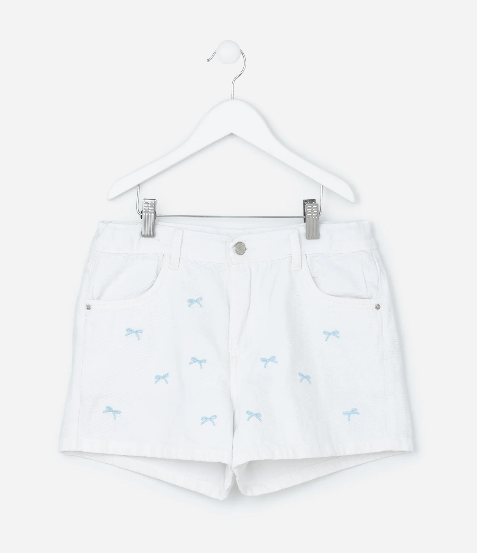 Short Infantil em Jeans com Bordado de Laços - Tam 5 a14 Anos Branco 1