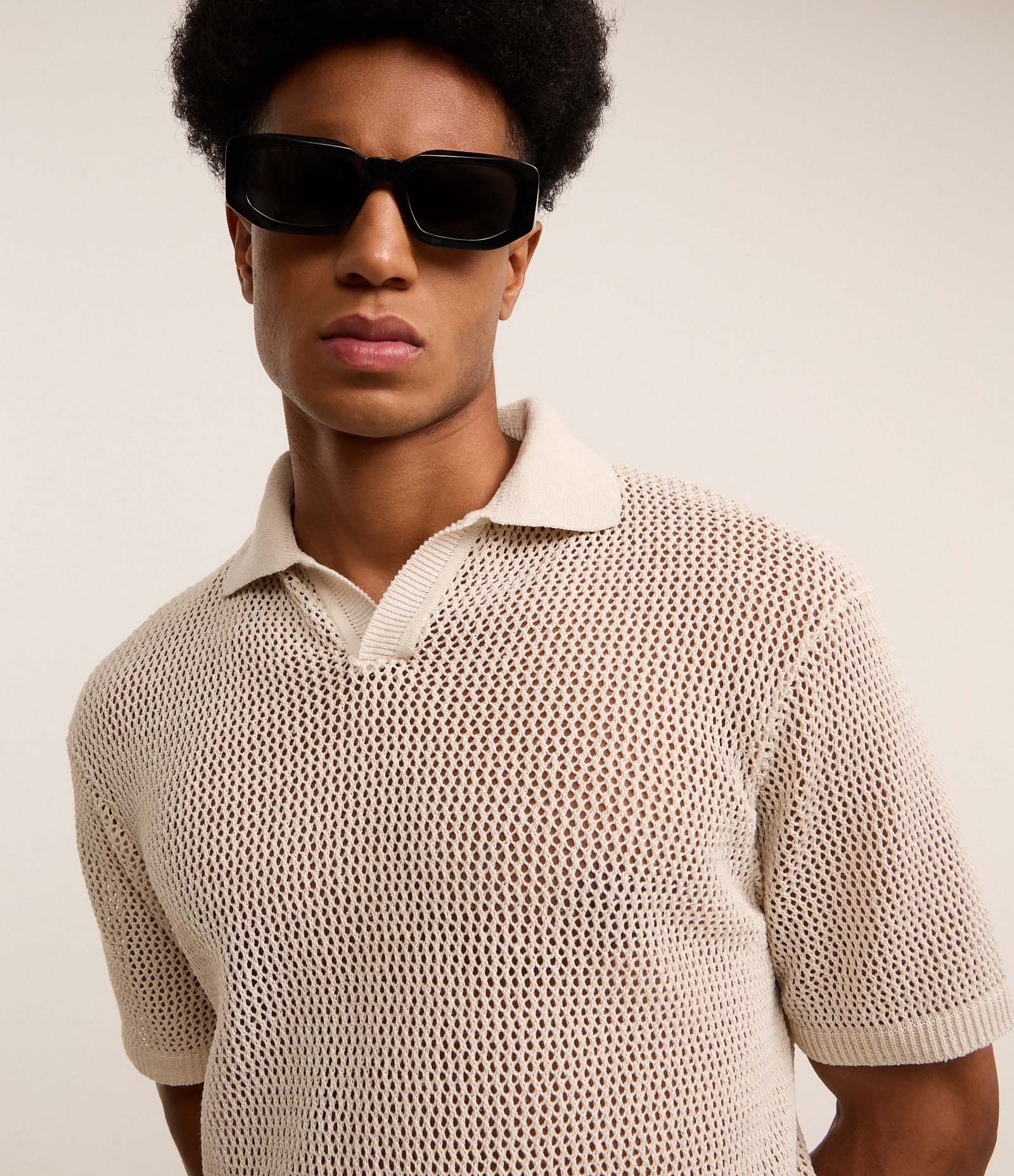 Camisa Polo Boxy em Tricô com Textura Bege 3