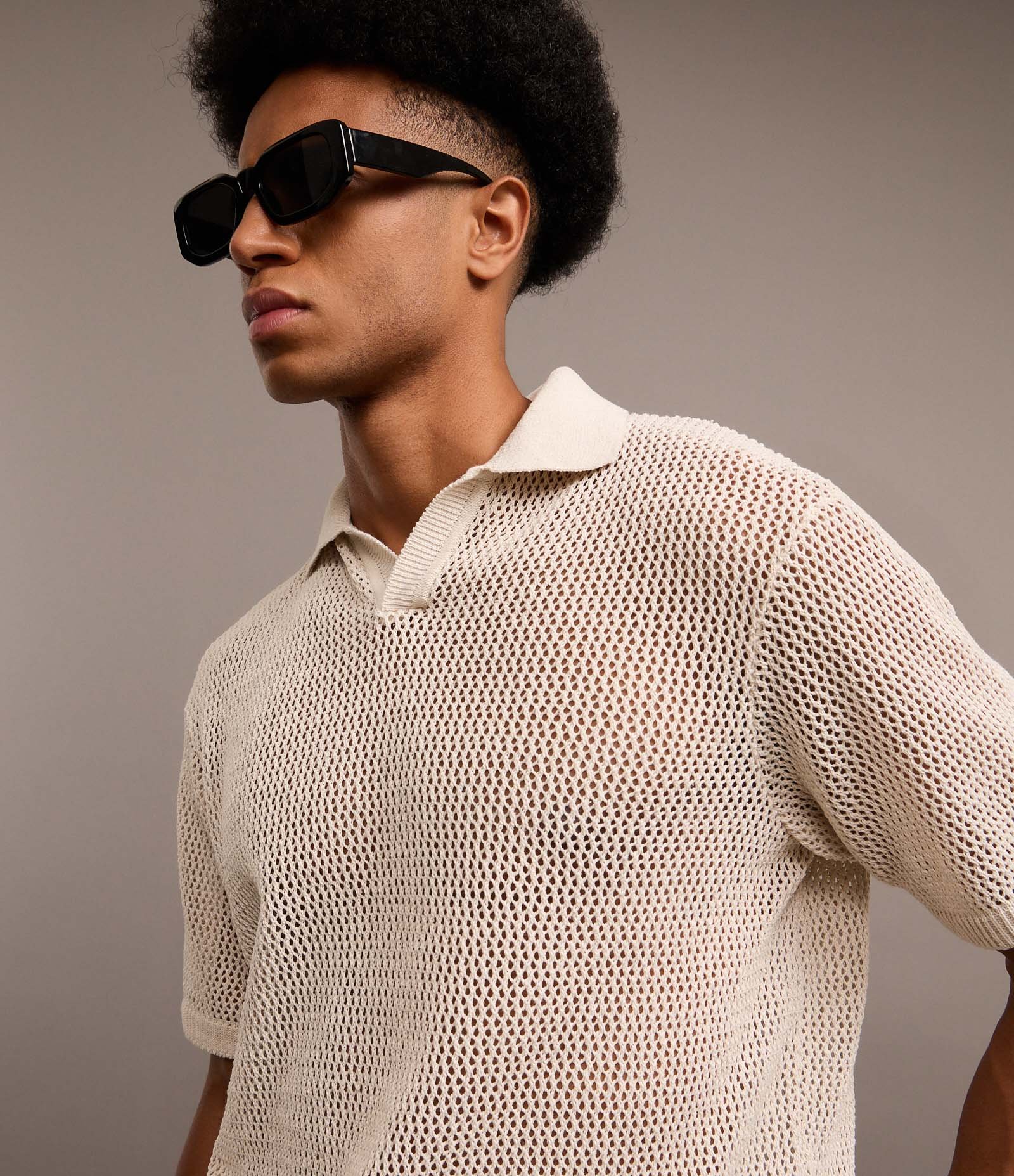 Camisa Polo Boxy em Tricô com Textura Bege 4