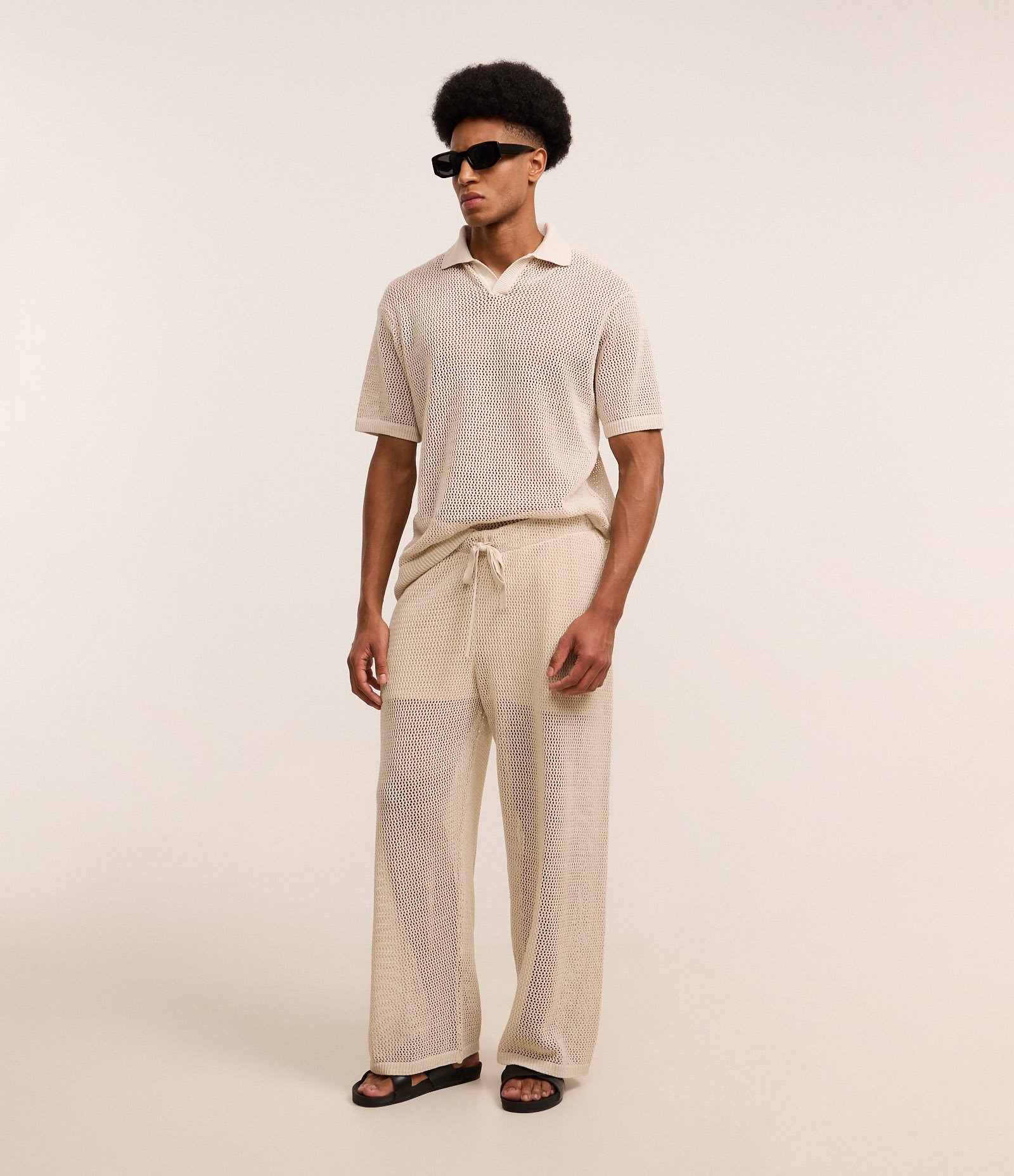 Camisa Polo Boxy em Tricô com Textura Bege 5