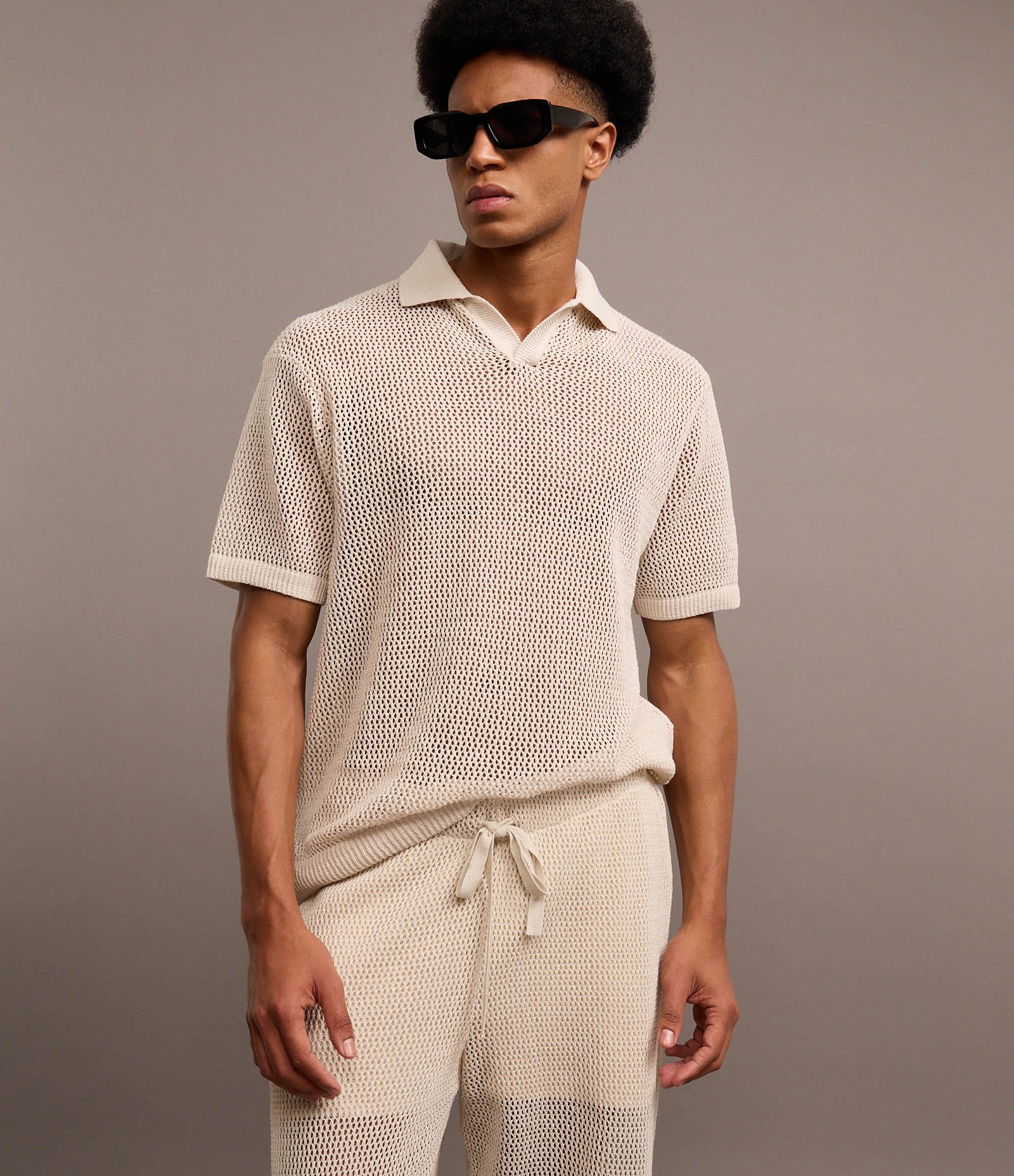 Camisa Polo Boxy em Tricô com Textura Bege 7