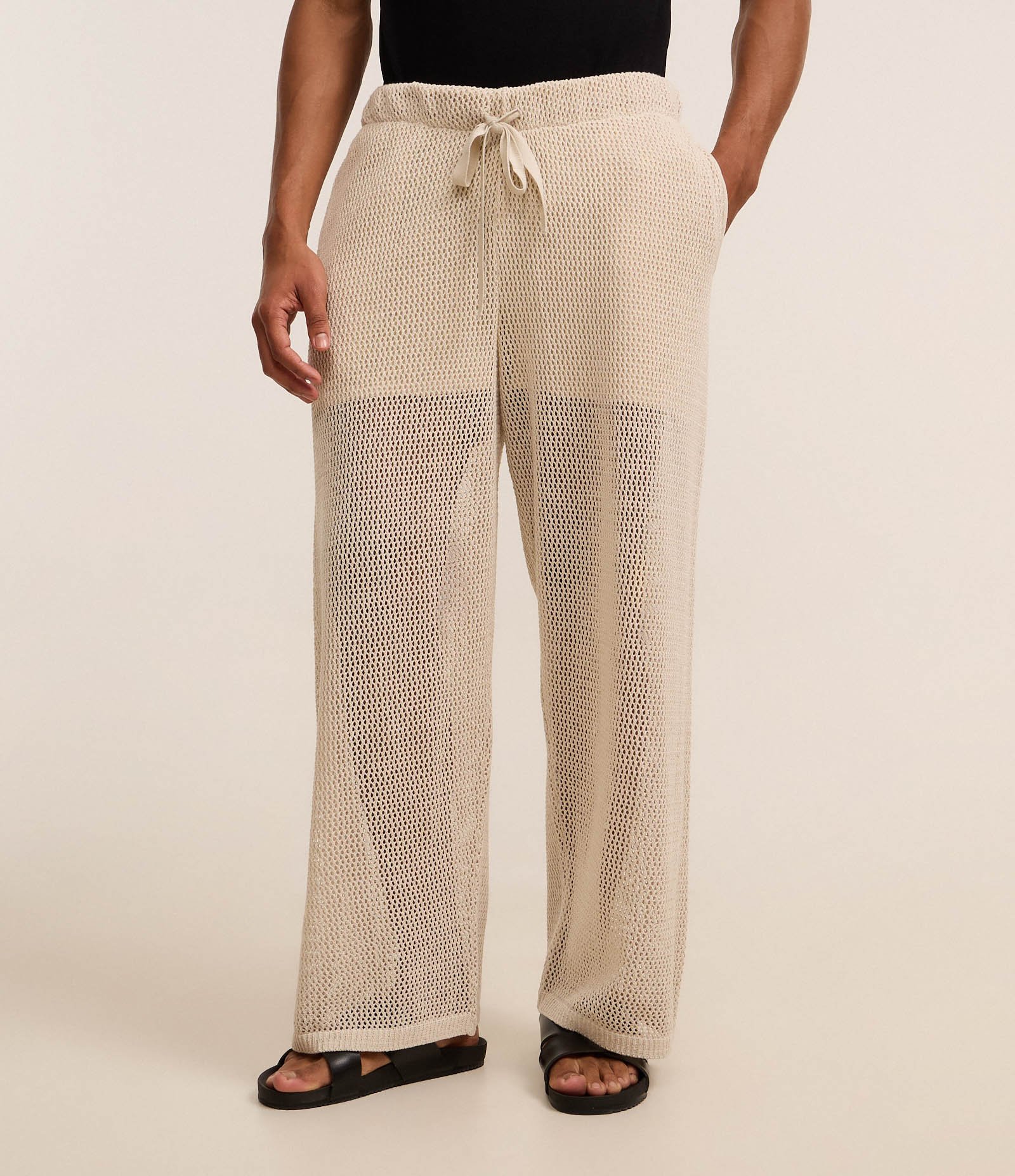 Calça Wide Leg em Tricô com Bolso Bege 2