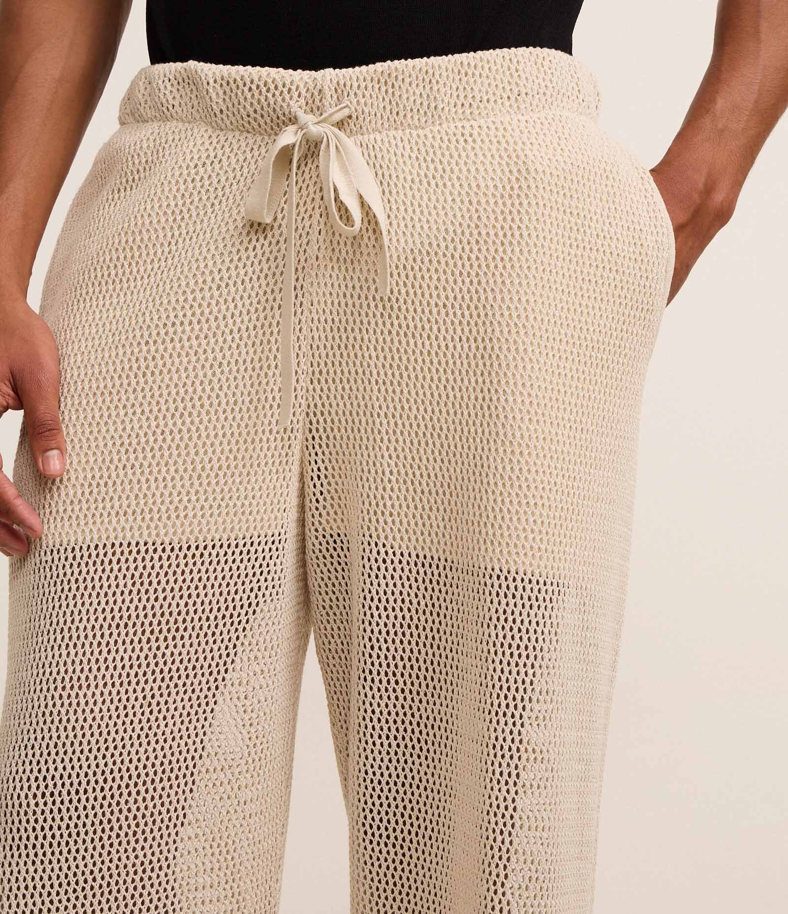 Calça Wide Leg em Tricô com Bolso Bege 3
