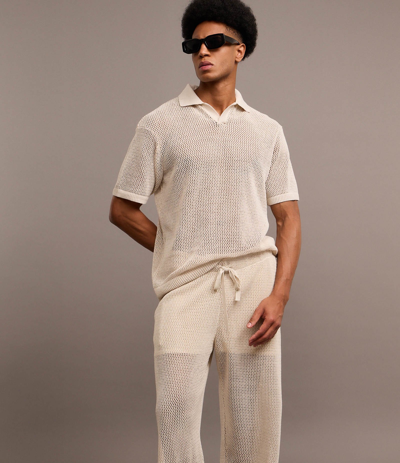 Calça Wide Leg em Tricô com Bolso Bege 5