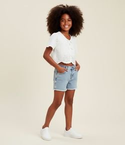 Short Infantil Jeans com Bordado Floral -  Tam 5 a 14 Anos