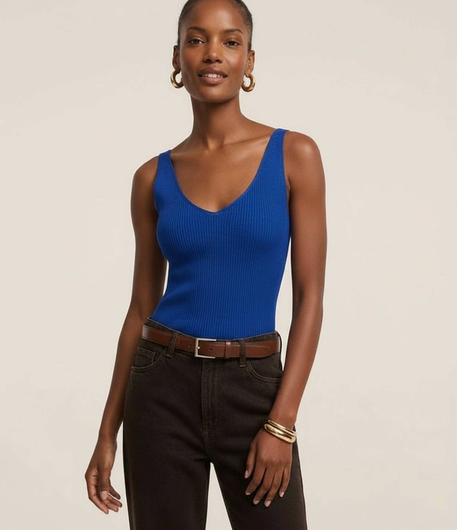 Blusa Canelada em Tricô com Decote V e Costas Decotadas Azul Índigo 4