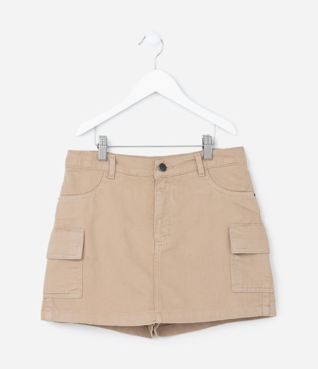 Short Saia Infantil em Jeans com Cós Ajustável e Bolso Cargo - Tam 5 A 14 Anos
