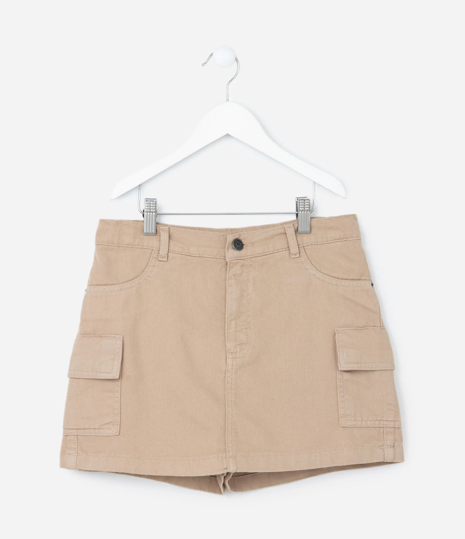 Short Saia Infantil em Jeans com Cós Ajustável e Bolso Cargo - Tam 5 A 14 Anos Bege 1