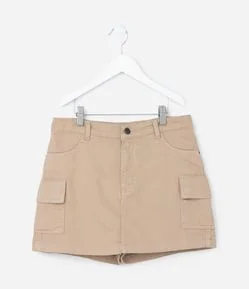 Short Saia Infantil em Jeans com Cós Ajustável e Bolso Cargo - Tam 5 A 14 Anos